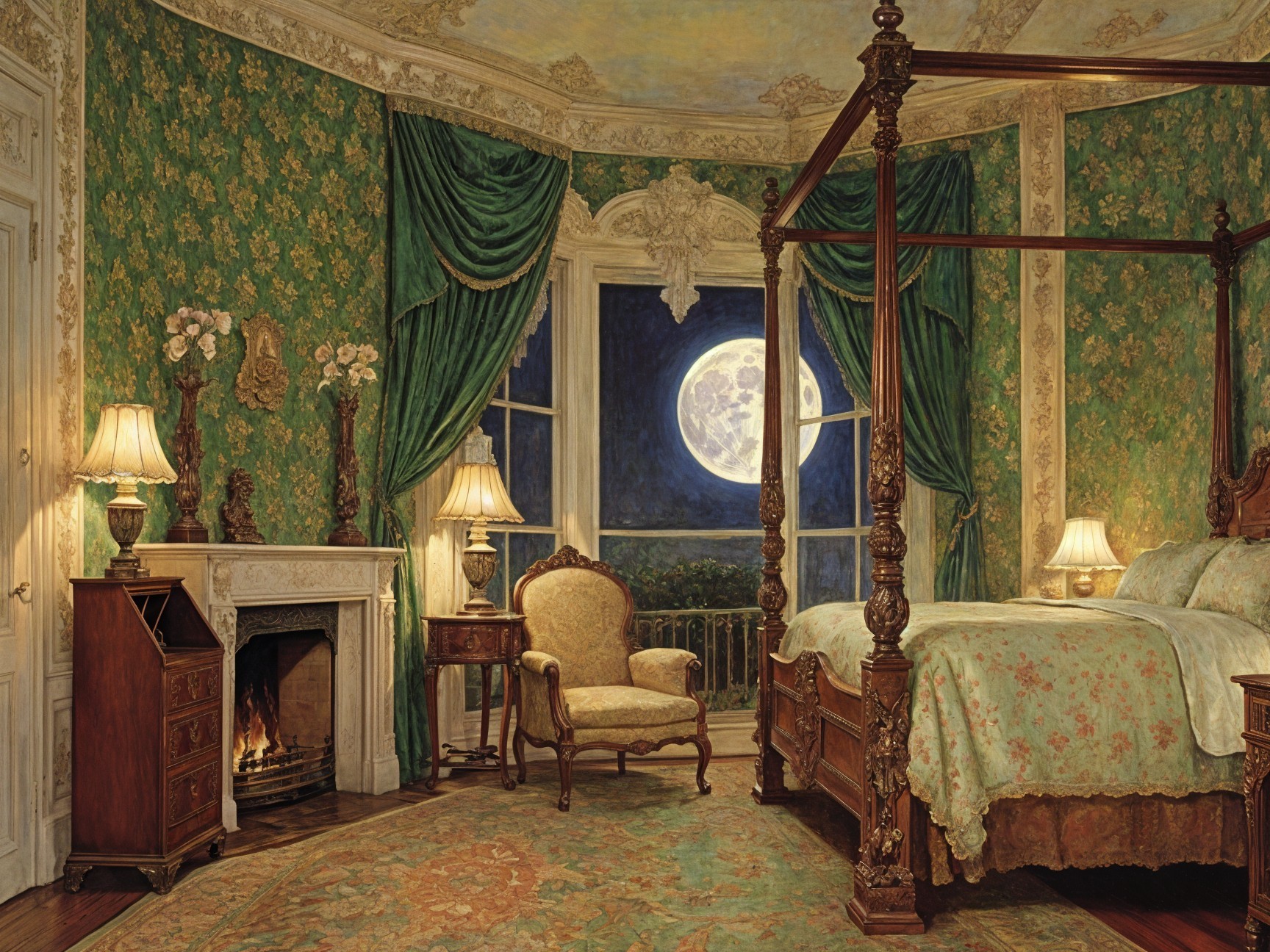 Elegant Bedroom with Four-Poster Bed and Moonlight