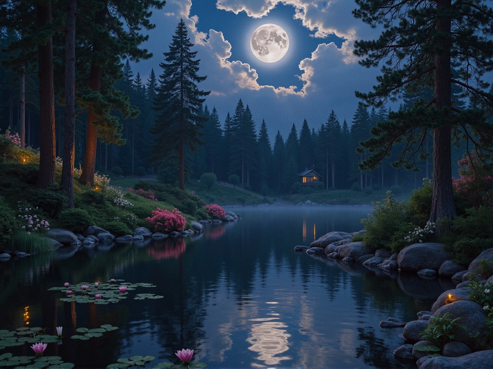 Nighttime Landscape with Moonlit Lake and Cabin