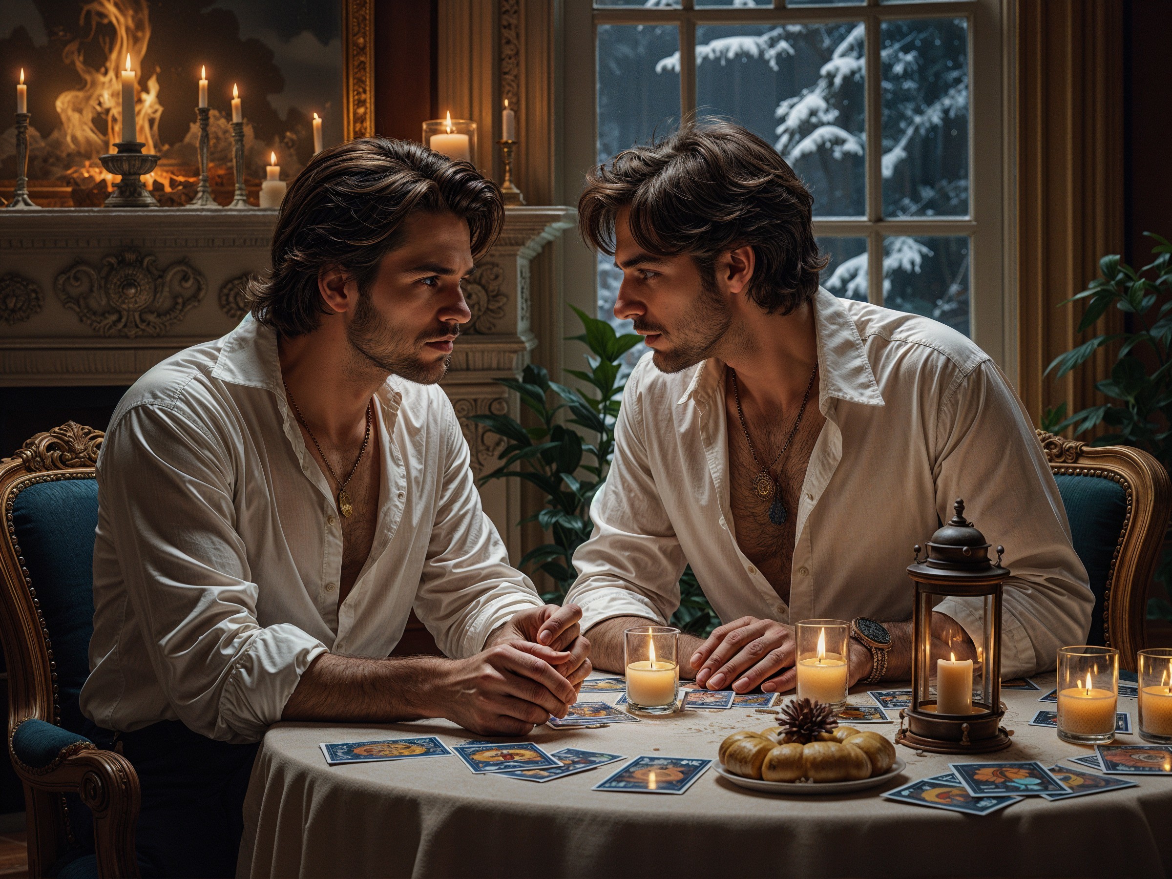 Identical Men Reading Tarot in Cozy Room with Snow