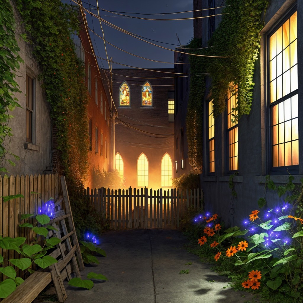 Tranquil Night Alleyway with Ivy and Stained Glass