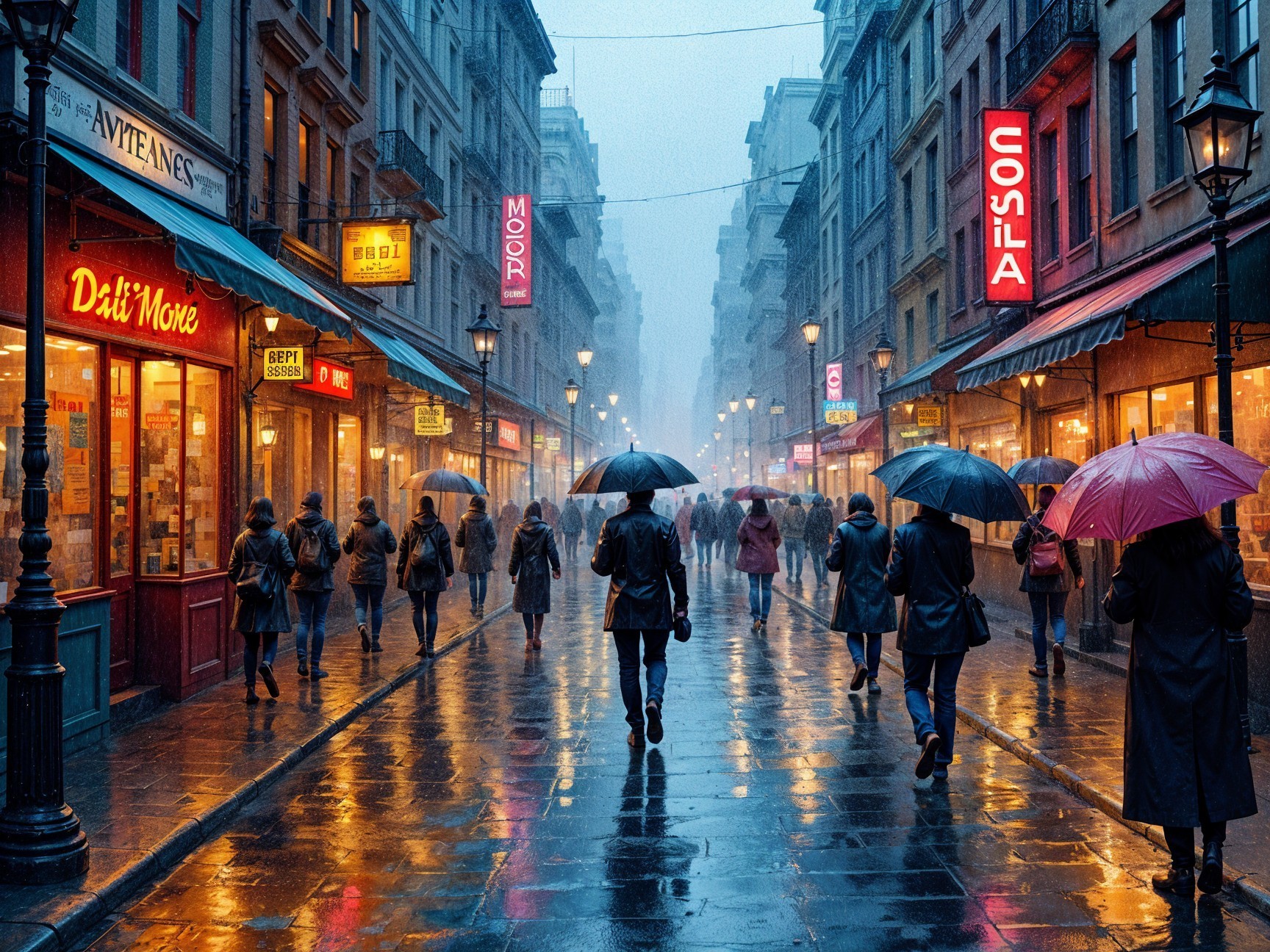Rainy City Street with Neon Lights and Umbrellas