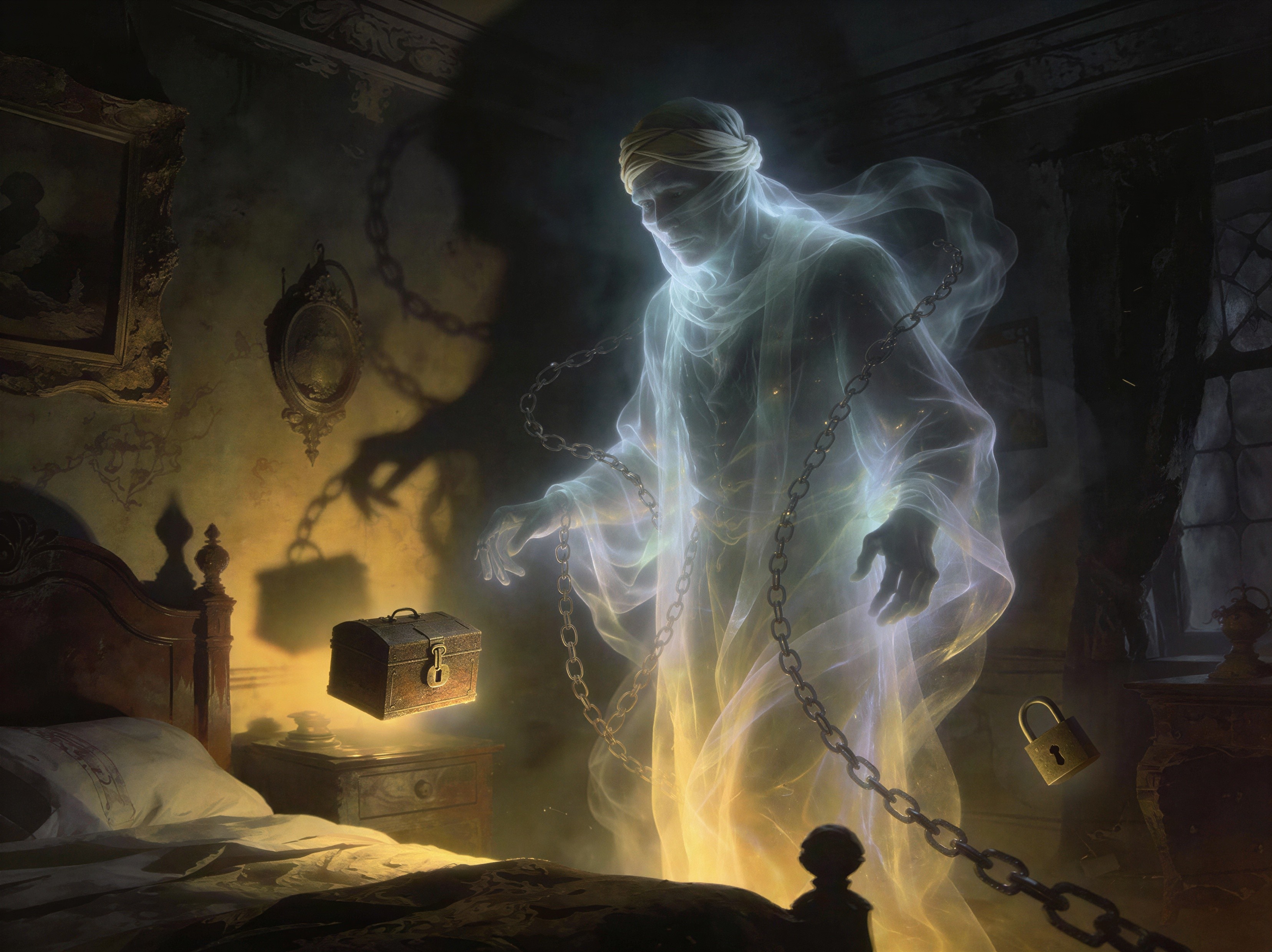 Translucent Ghost in Dimly Lit Bedroom with Chains