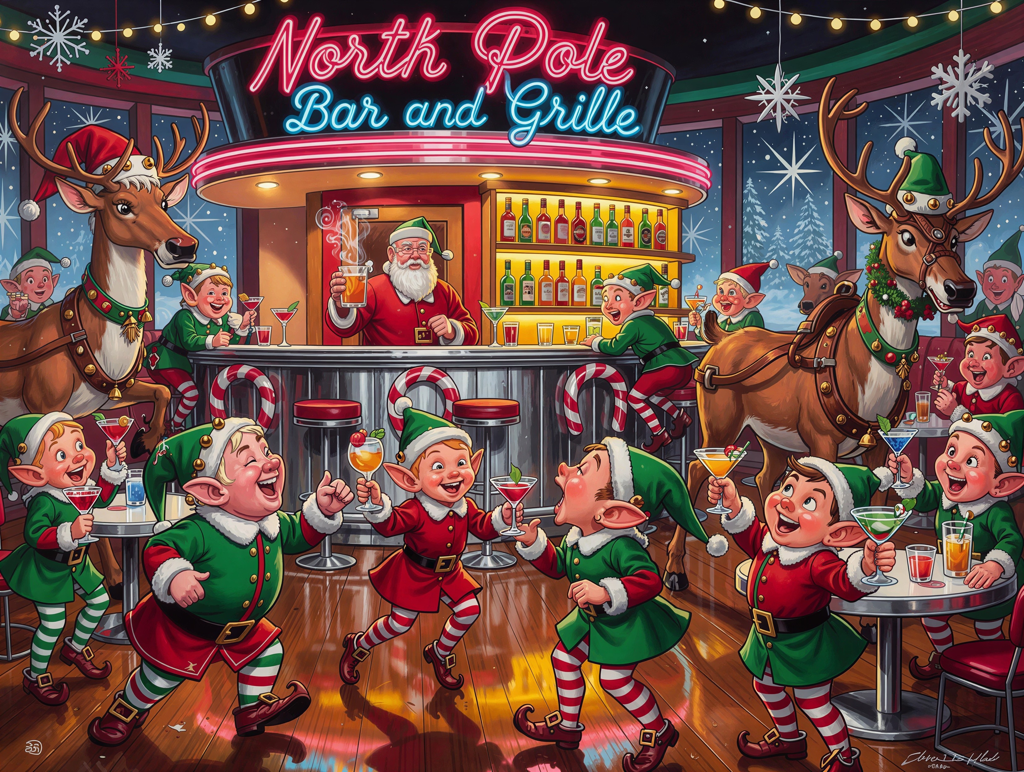 Santa Claus Bartending at North Pole Bar and Grille