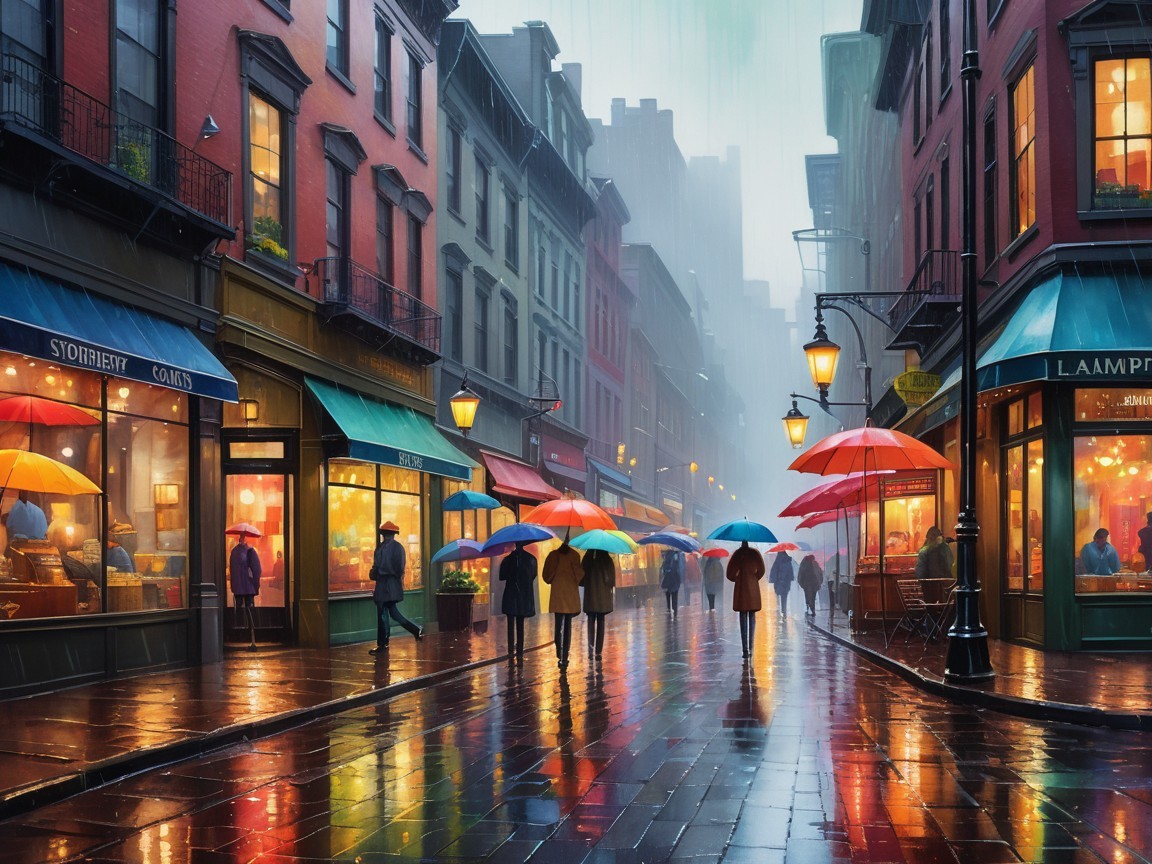 Vibrant Rainy Day Street Scene in an Old City