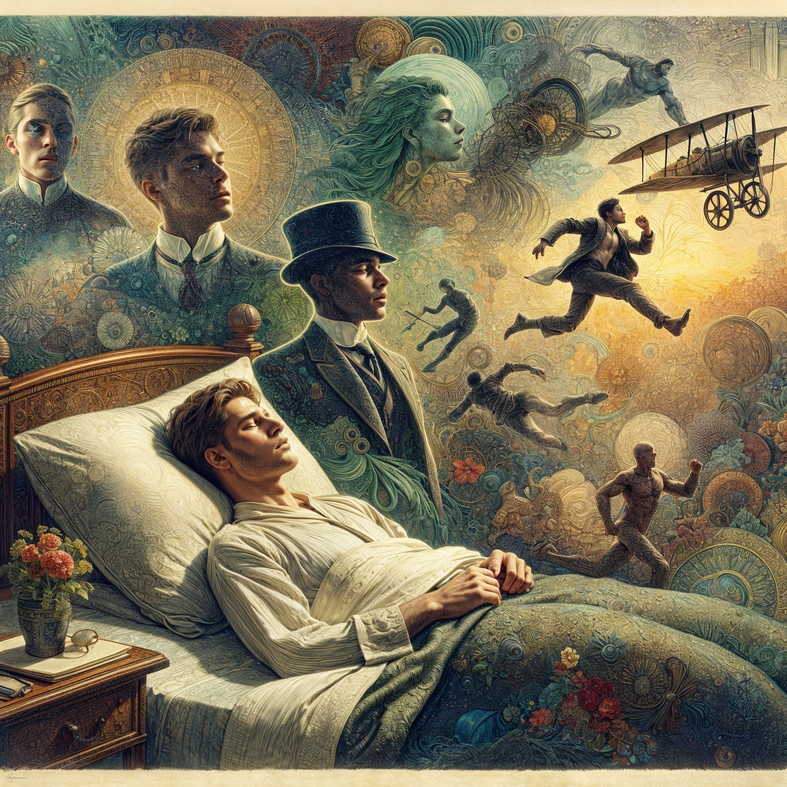 Dreamlike Scene of Young Man in Ornate Bed