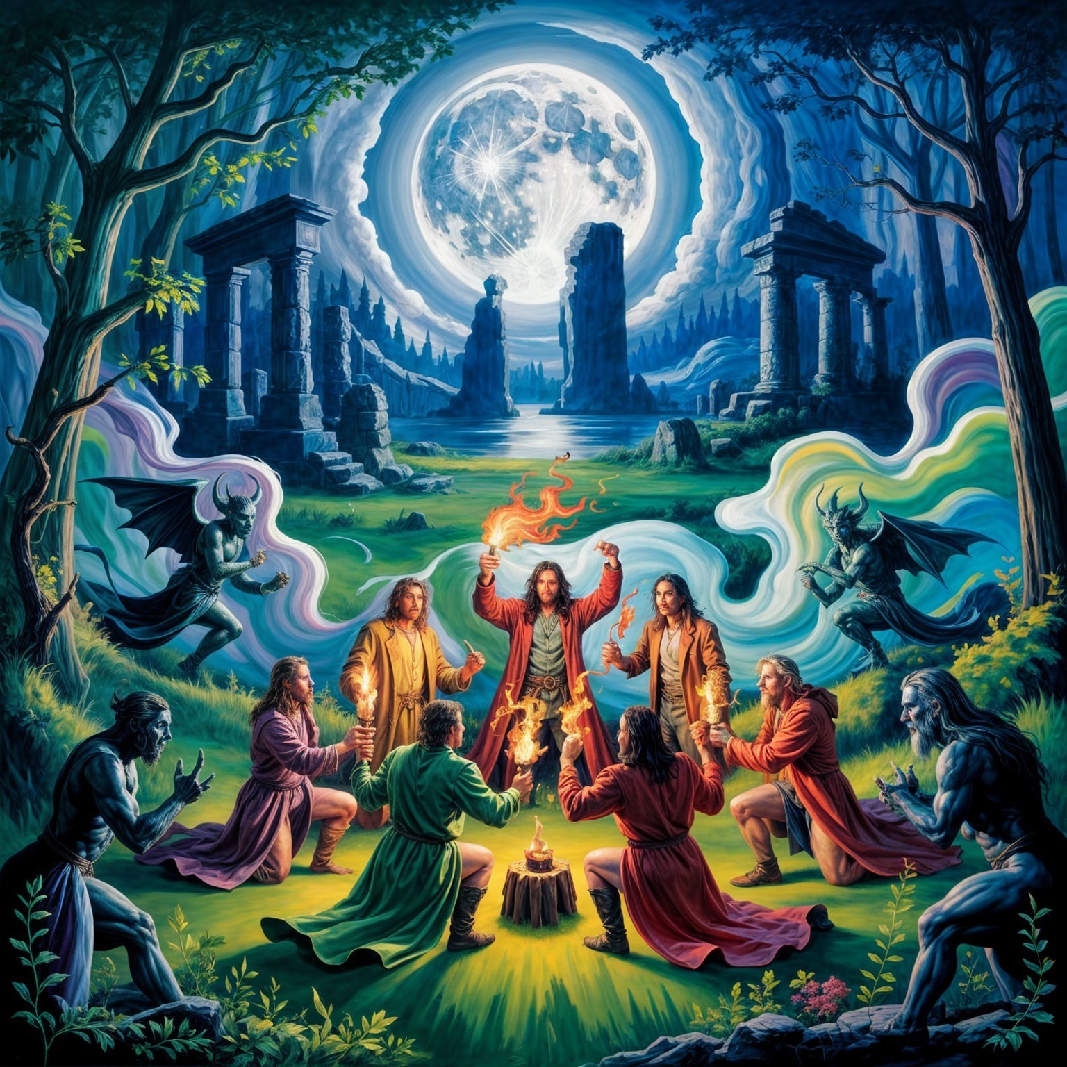 Mystical Gathering Under a Full Moon and Campfire
