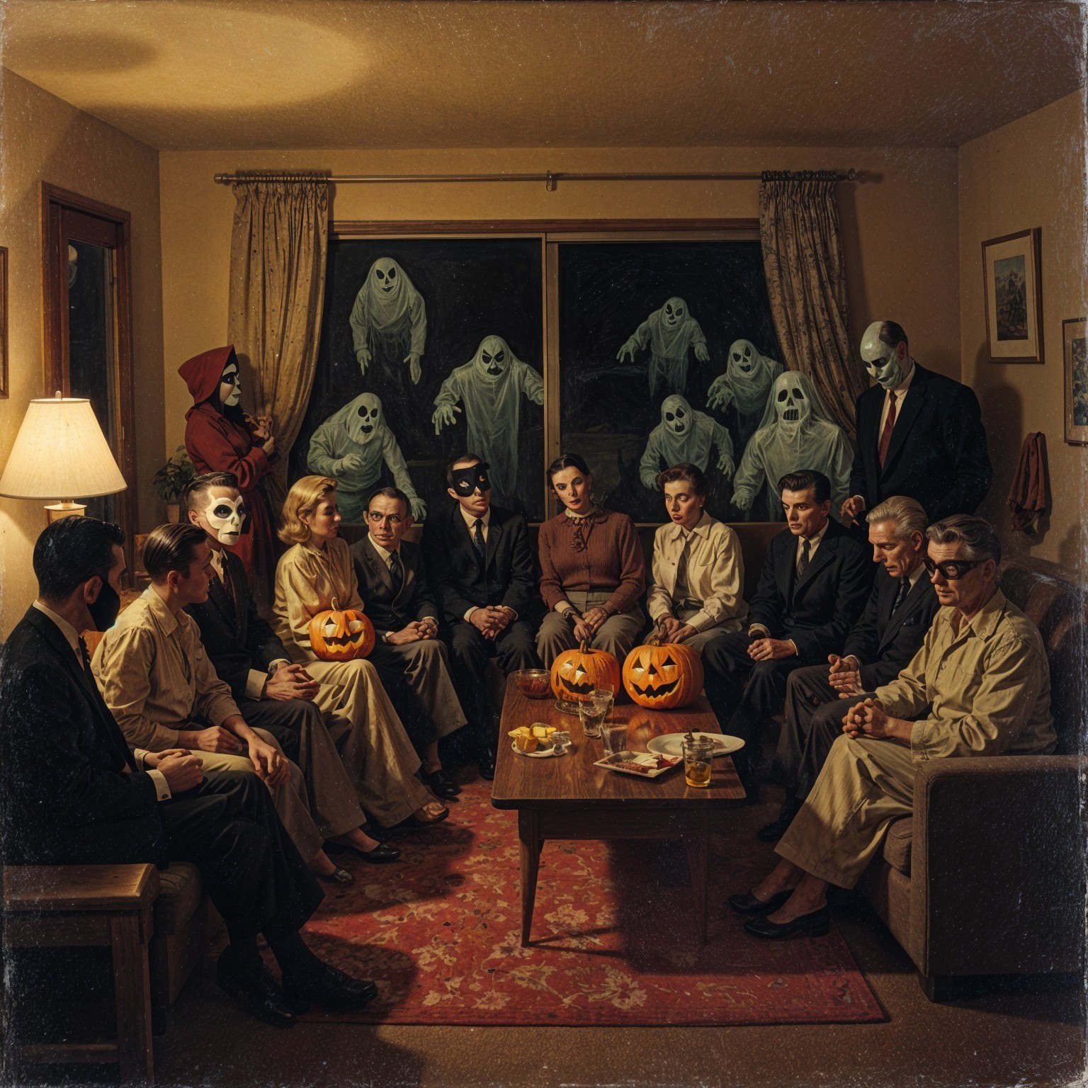 Vintage Halloween Gathering with Masks and Pumpkins