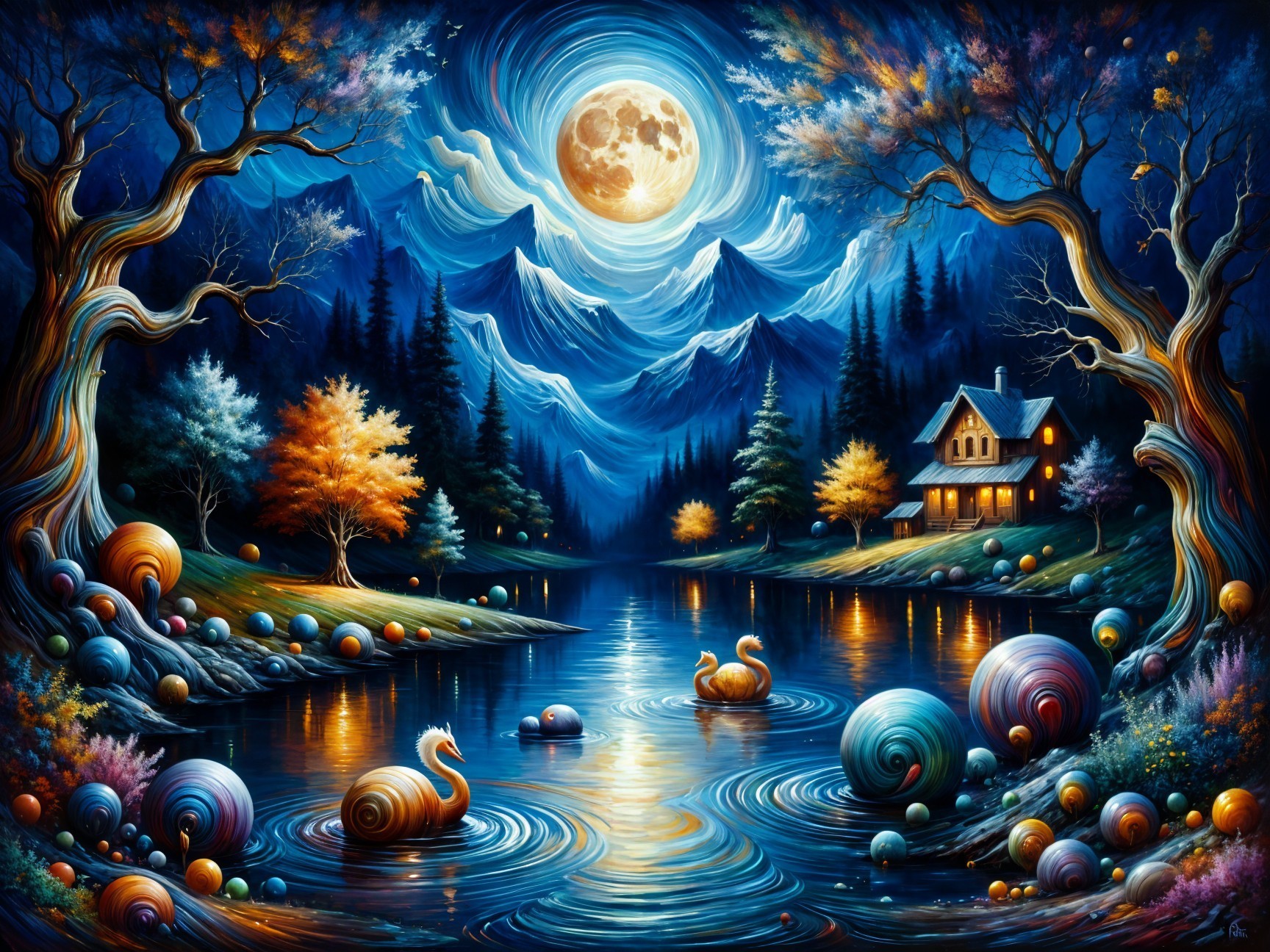 Serene Nighttime Landscape with Moonlit Lake and Swans