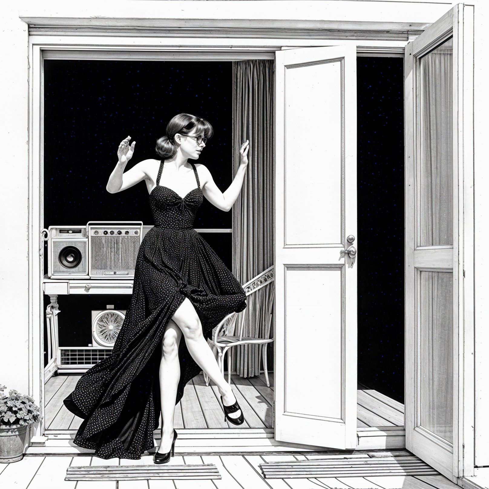 Stylish Woman in Polka Dot Dress at Doorway Scene