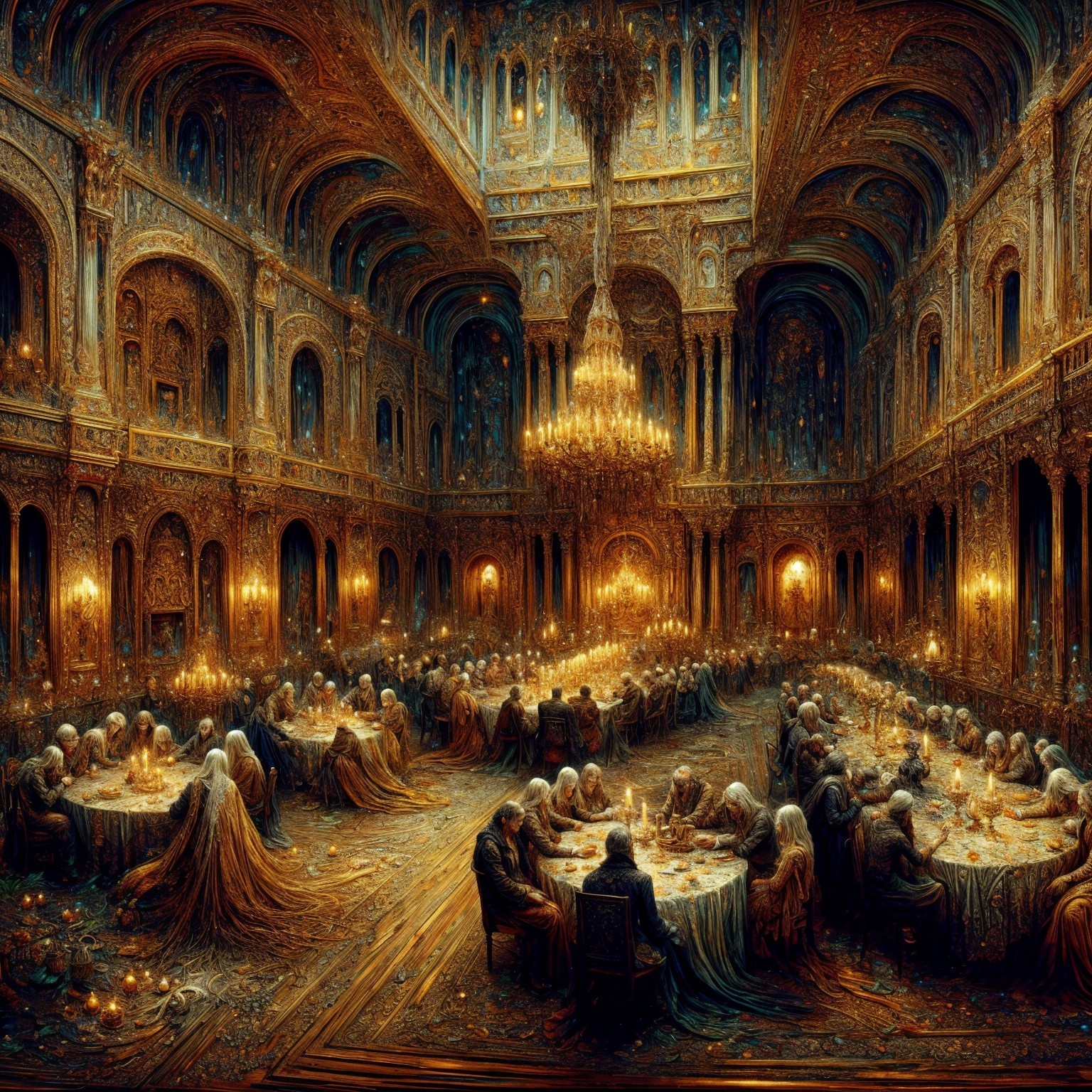 Opulent dining hall with intricate architecture and chandeliers