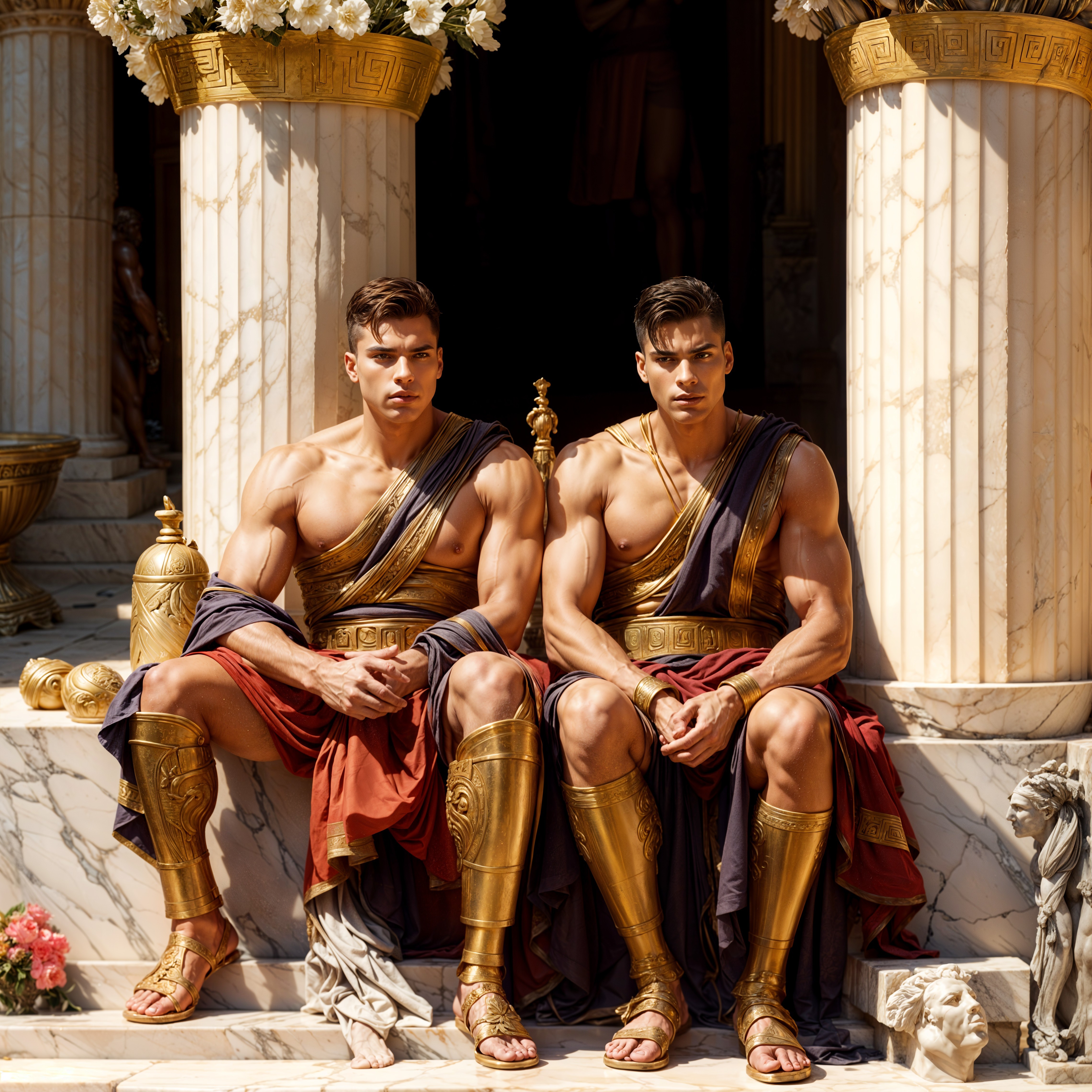 Muscular Men in Ancient Greek Attire on Marble Steps