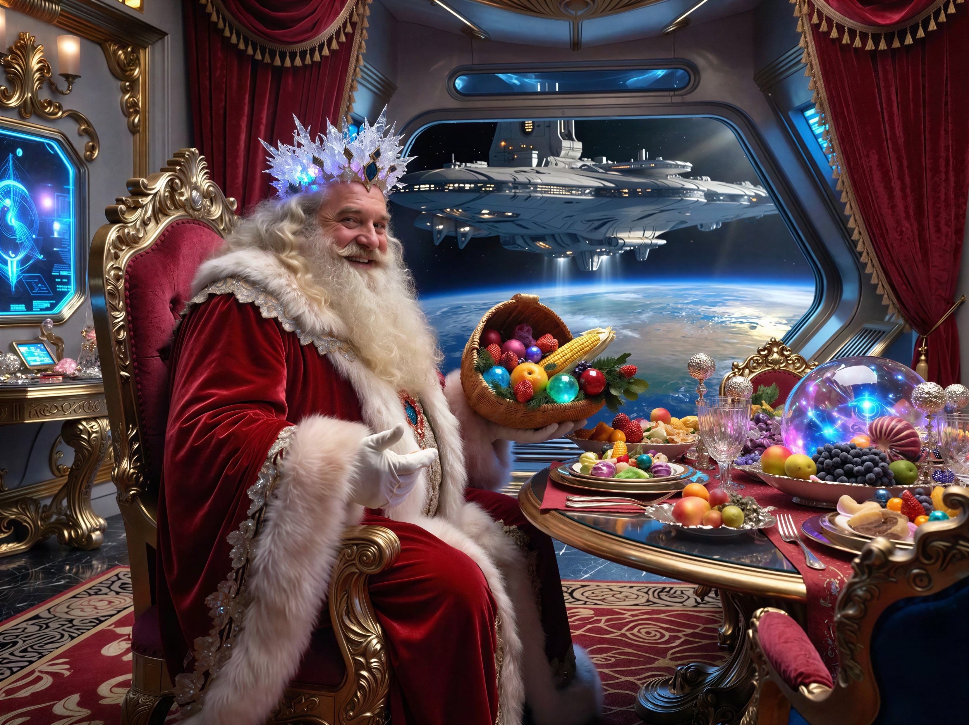 Santa Claus in a lavish futuristic setting with decor