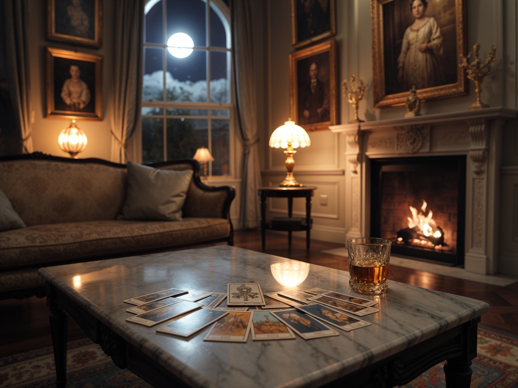 Cozy Room with Tarot Cards and Moonlit View