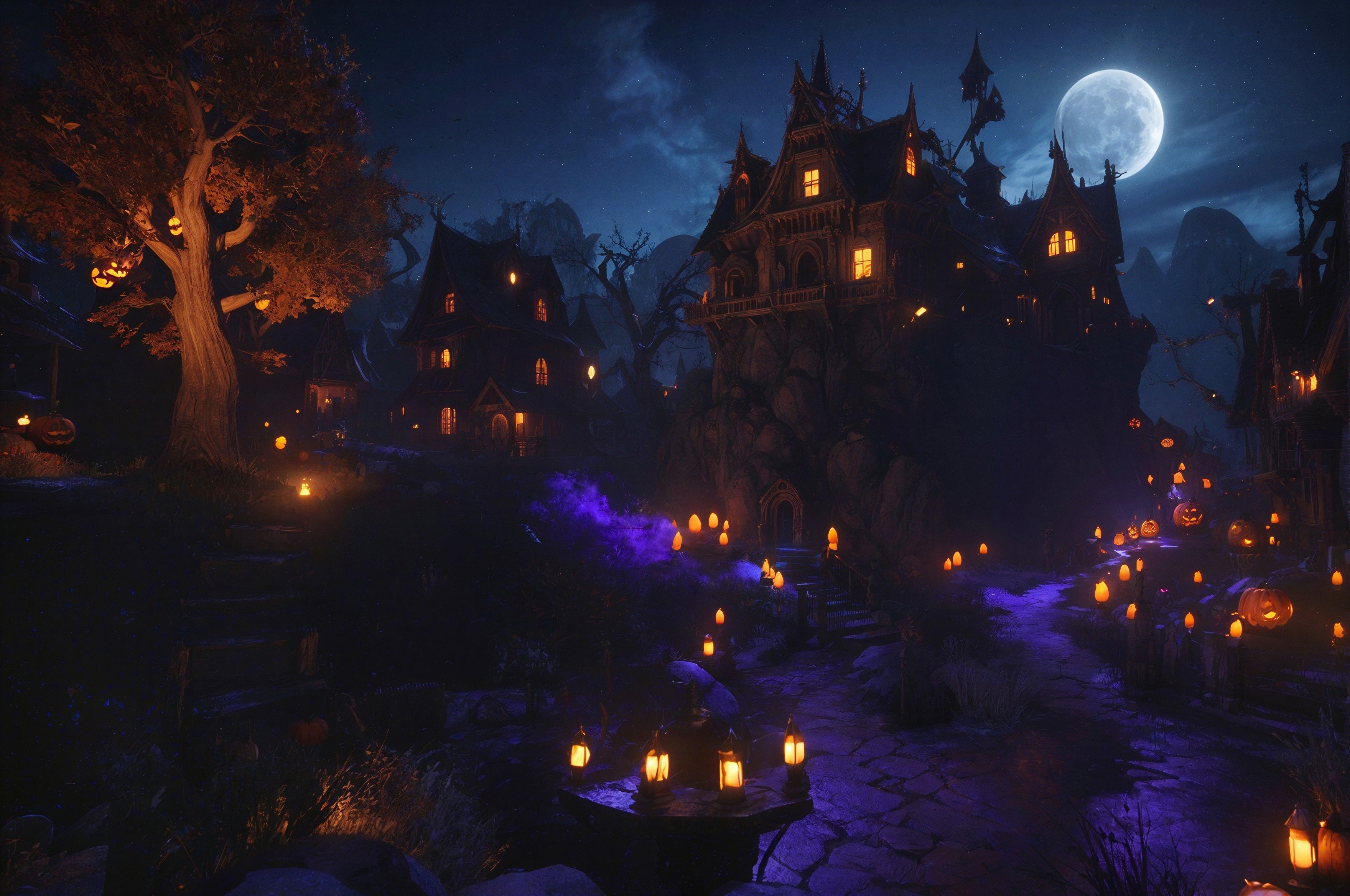 Eerie Nighttime Scene with Glowing Jack-o'-Lanterns