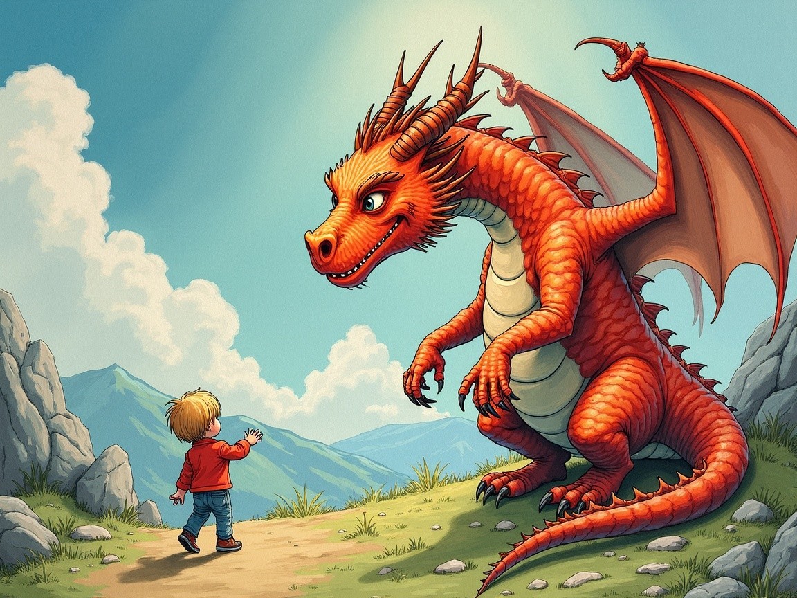 Child Meets Friendly Red Dragon on Scenic Path