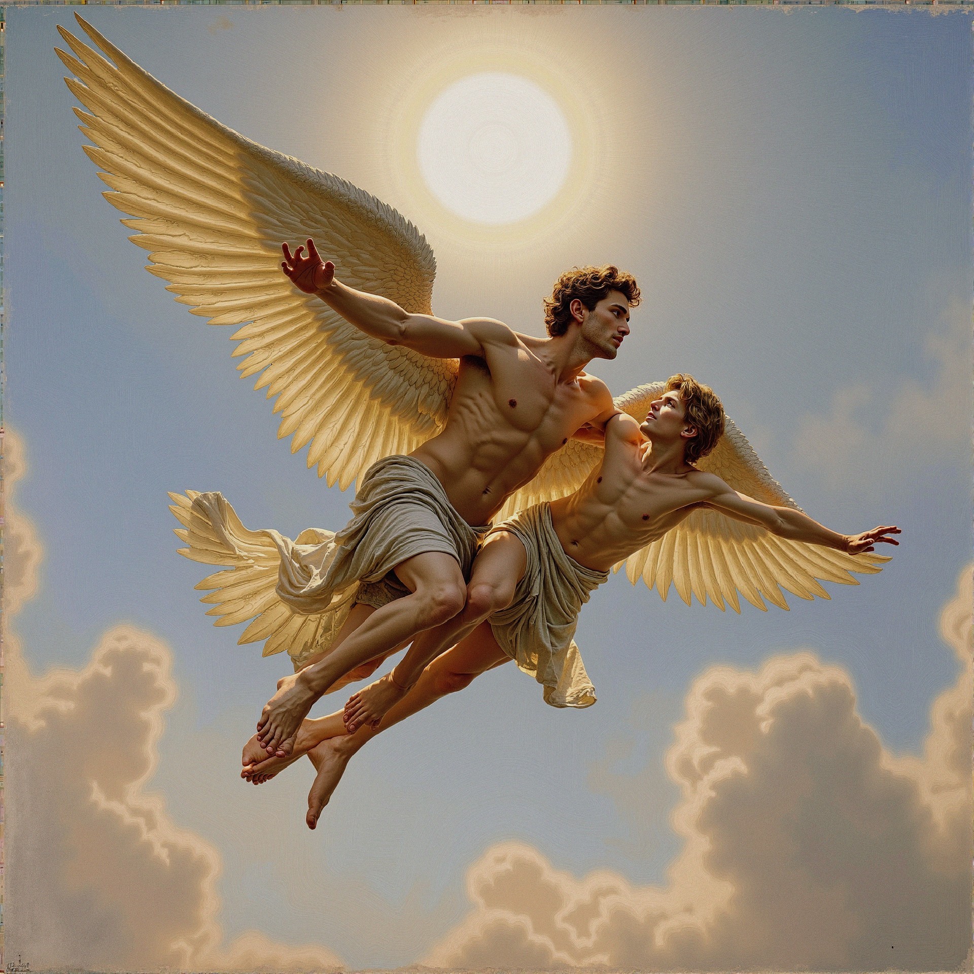 Ethereal Winged Figures Soaring in Bright Sky
