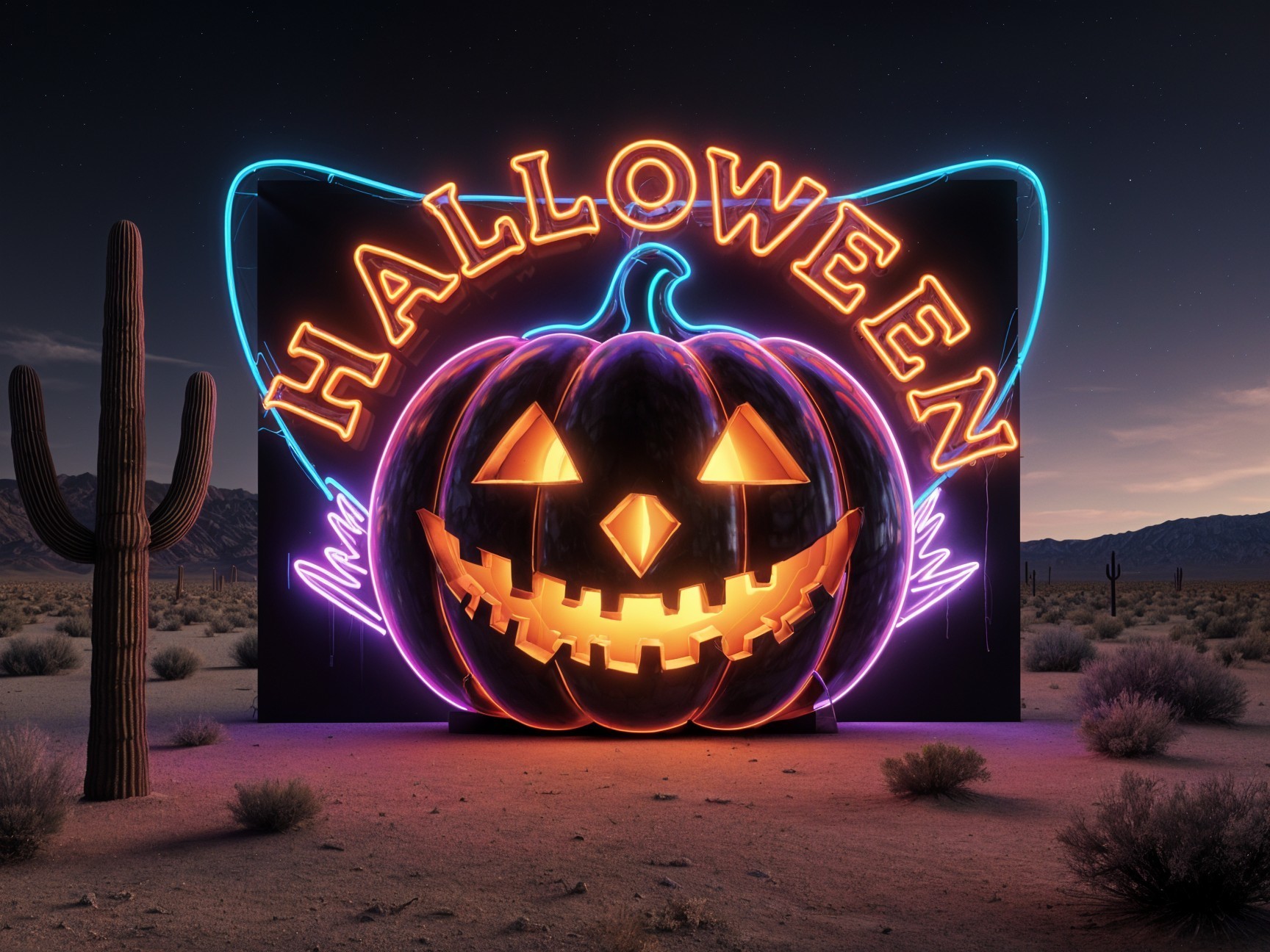 Vibrant Neon Halloween Sign with Jack-o'-Lantern in Desert