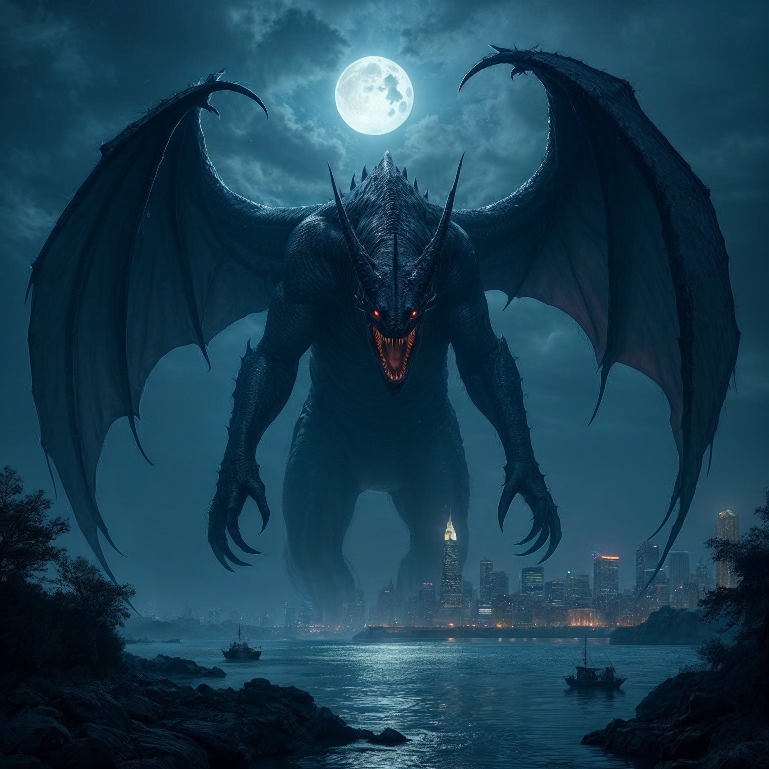 Colossal Dragon Creature Over Dark Cityscape at Night