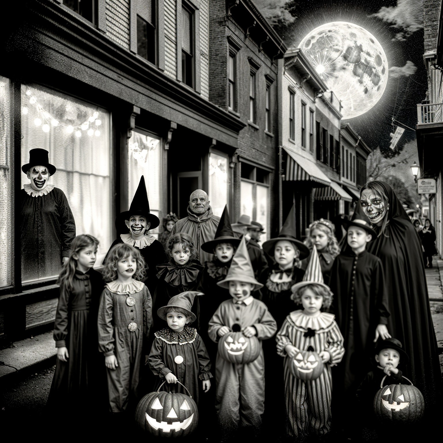 Halloween Scene with Costumed Children and Pumpkins