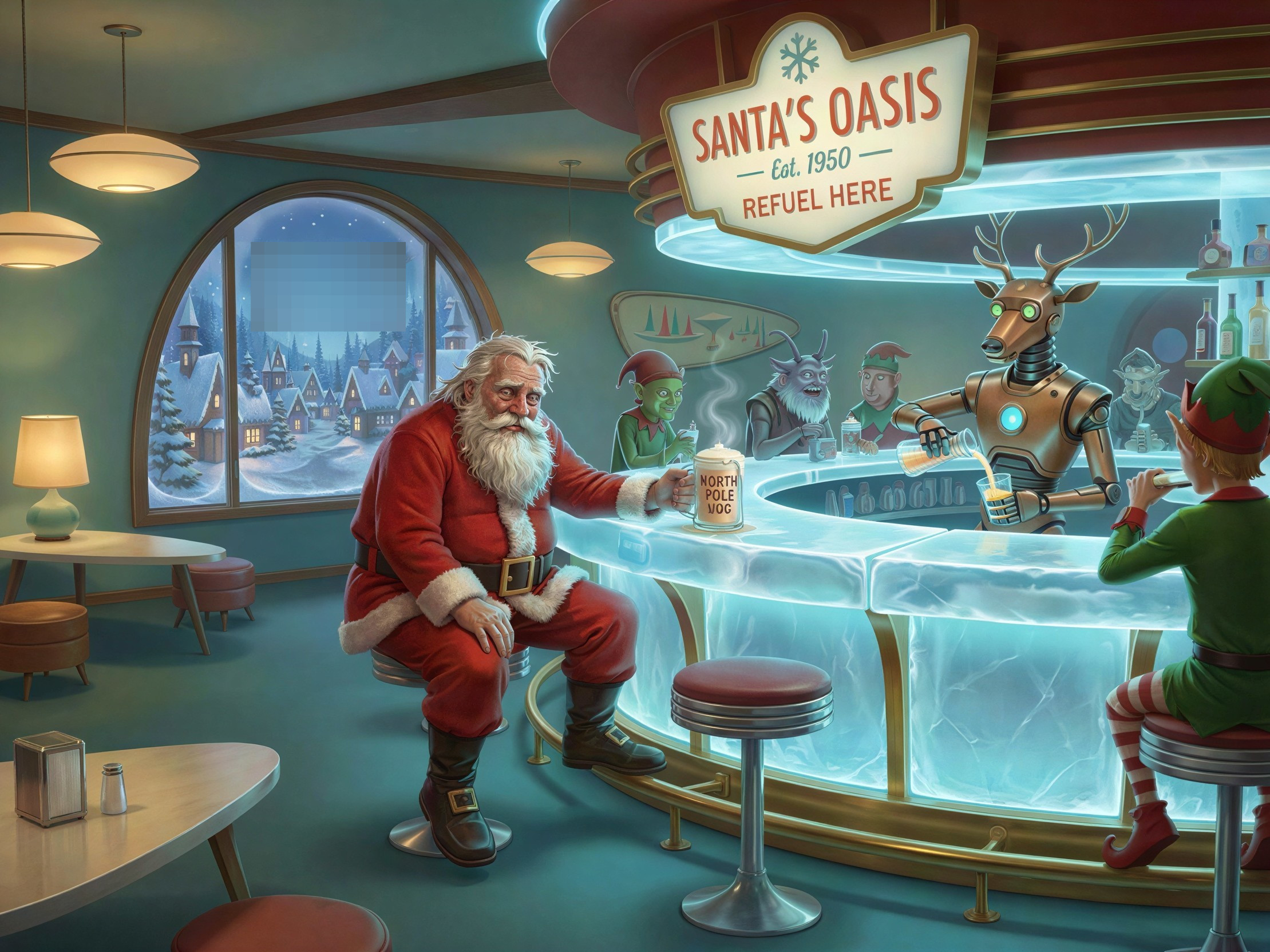 Santa Claus at a Retro-Futuristic Bar with Elves