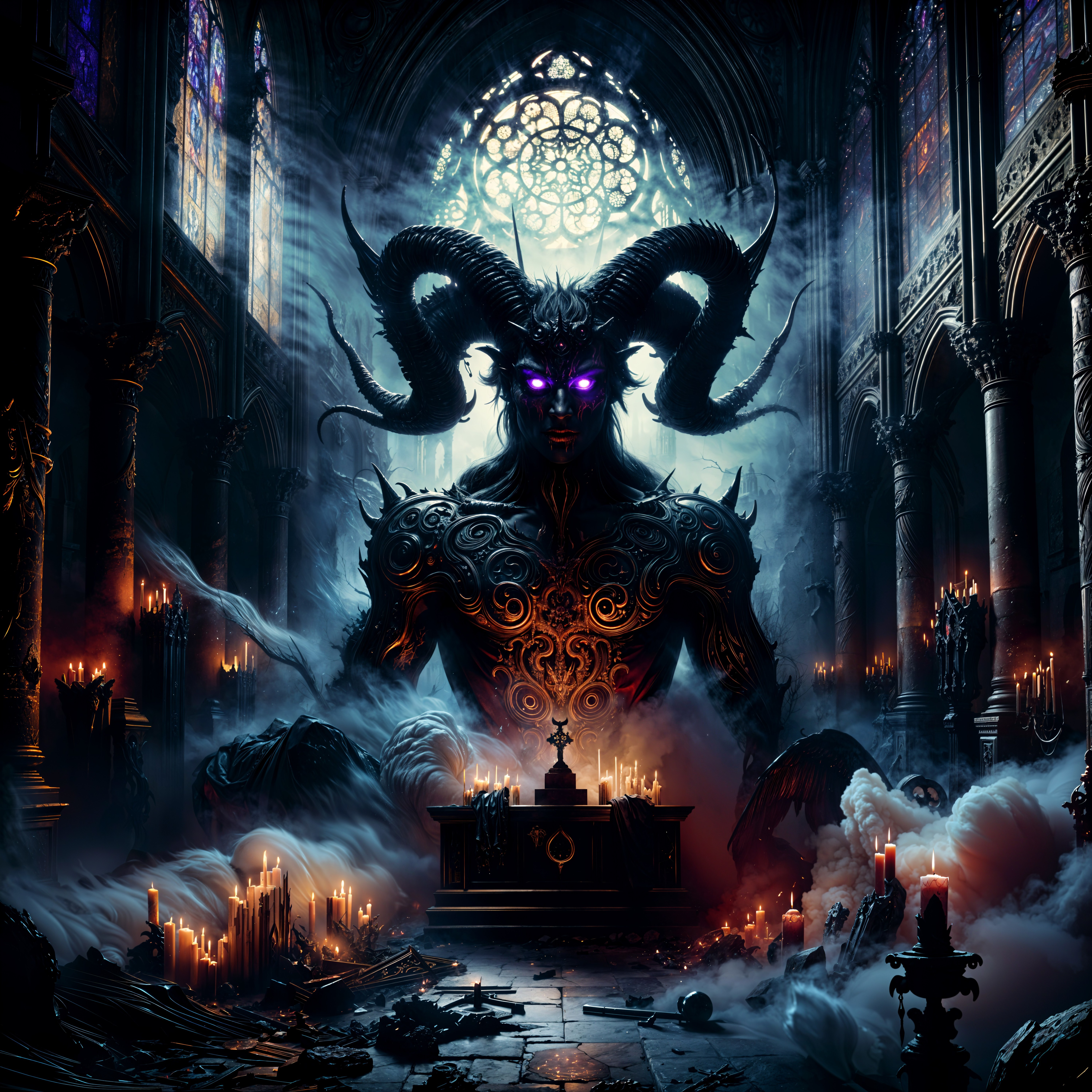 Gothic Cathedral with Dark Armored Figure and Rituals