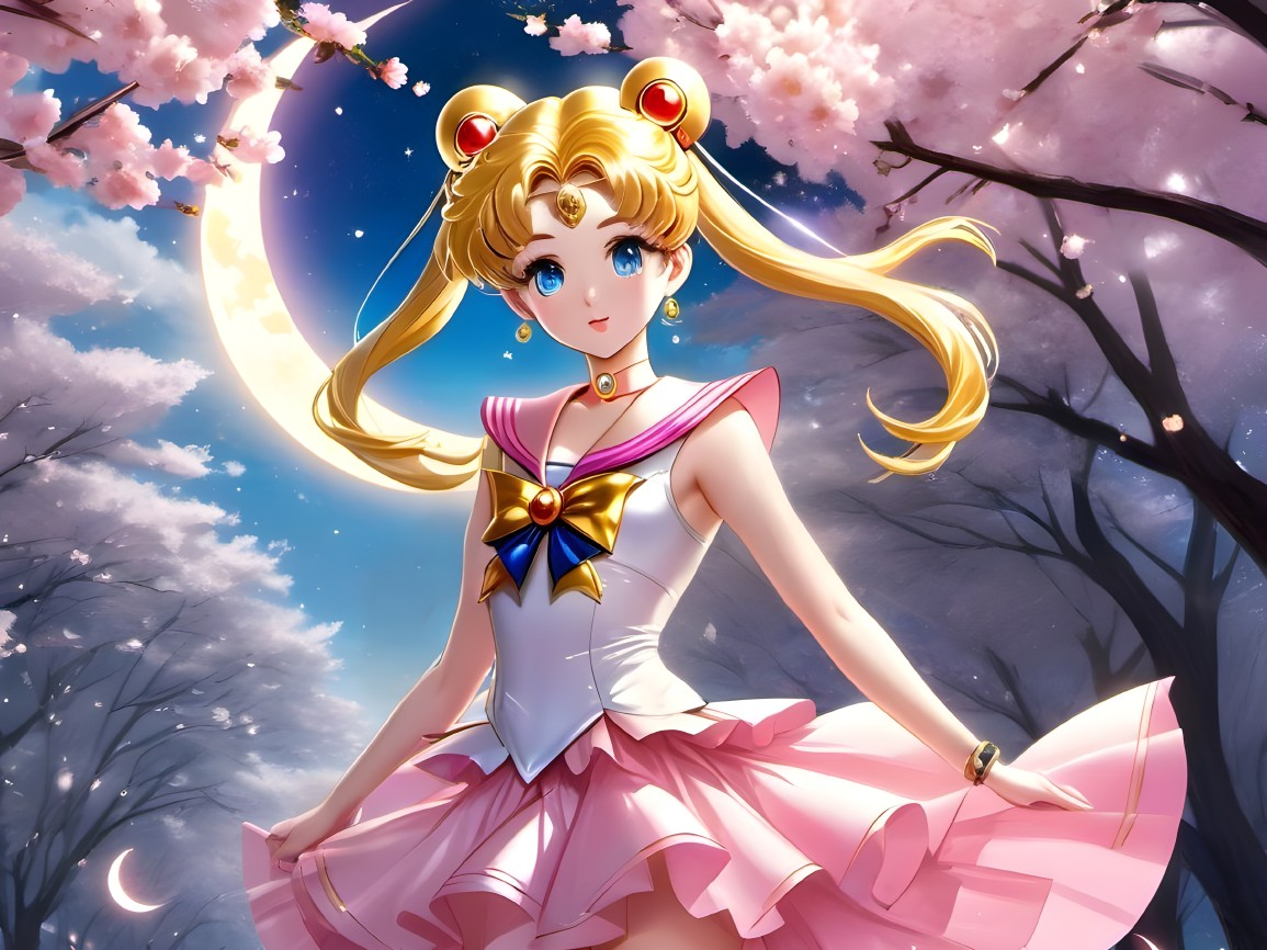 Whimsical Character in Cherry Blossom Scene at Night