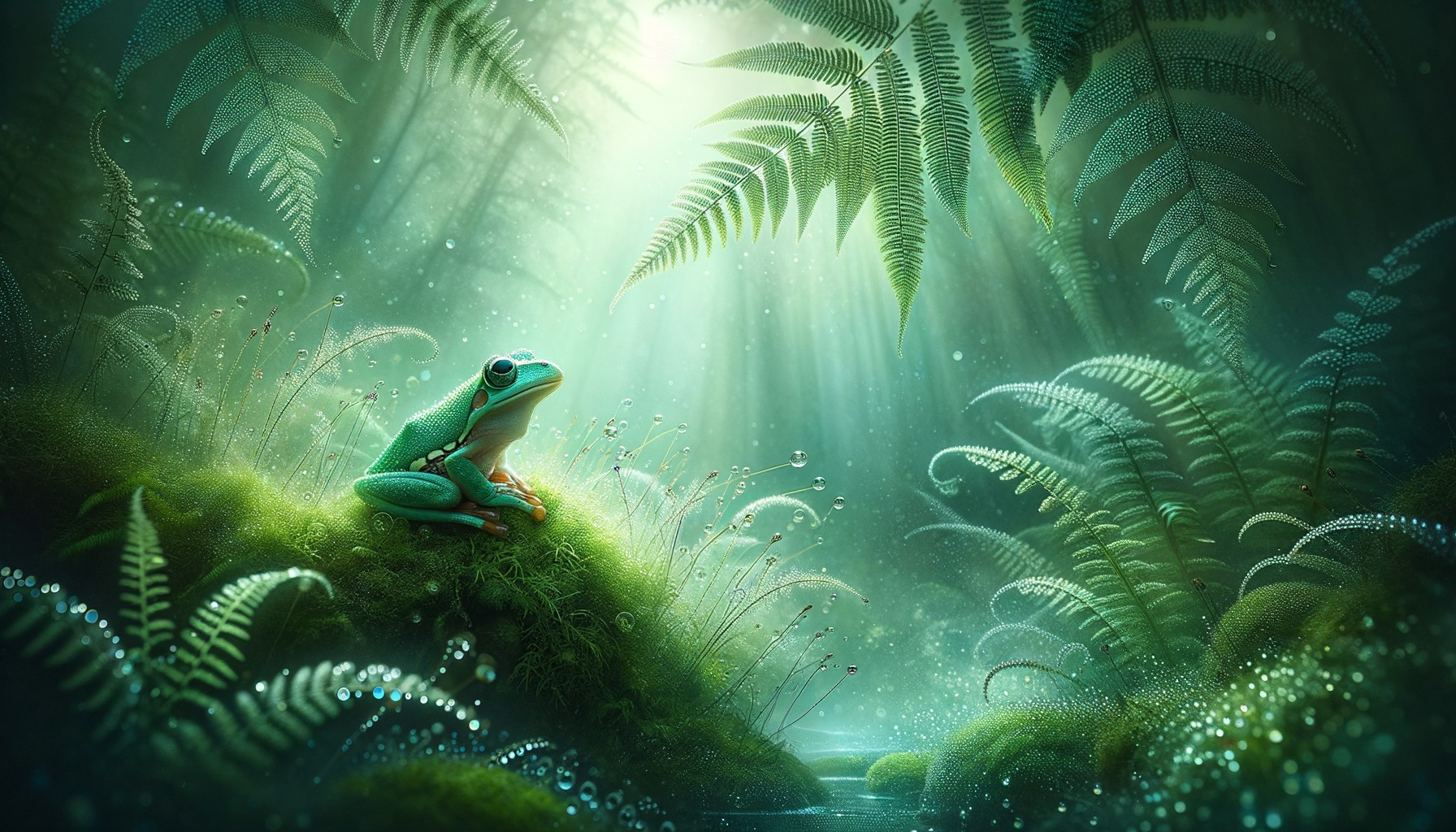 Vibrant Forest Scene with Frog and Gentle Stream