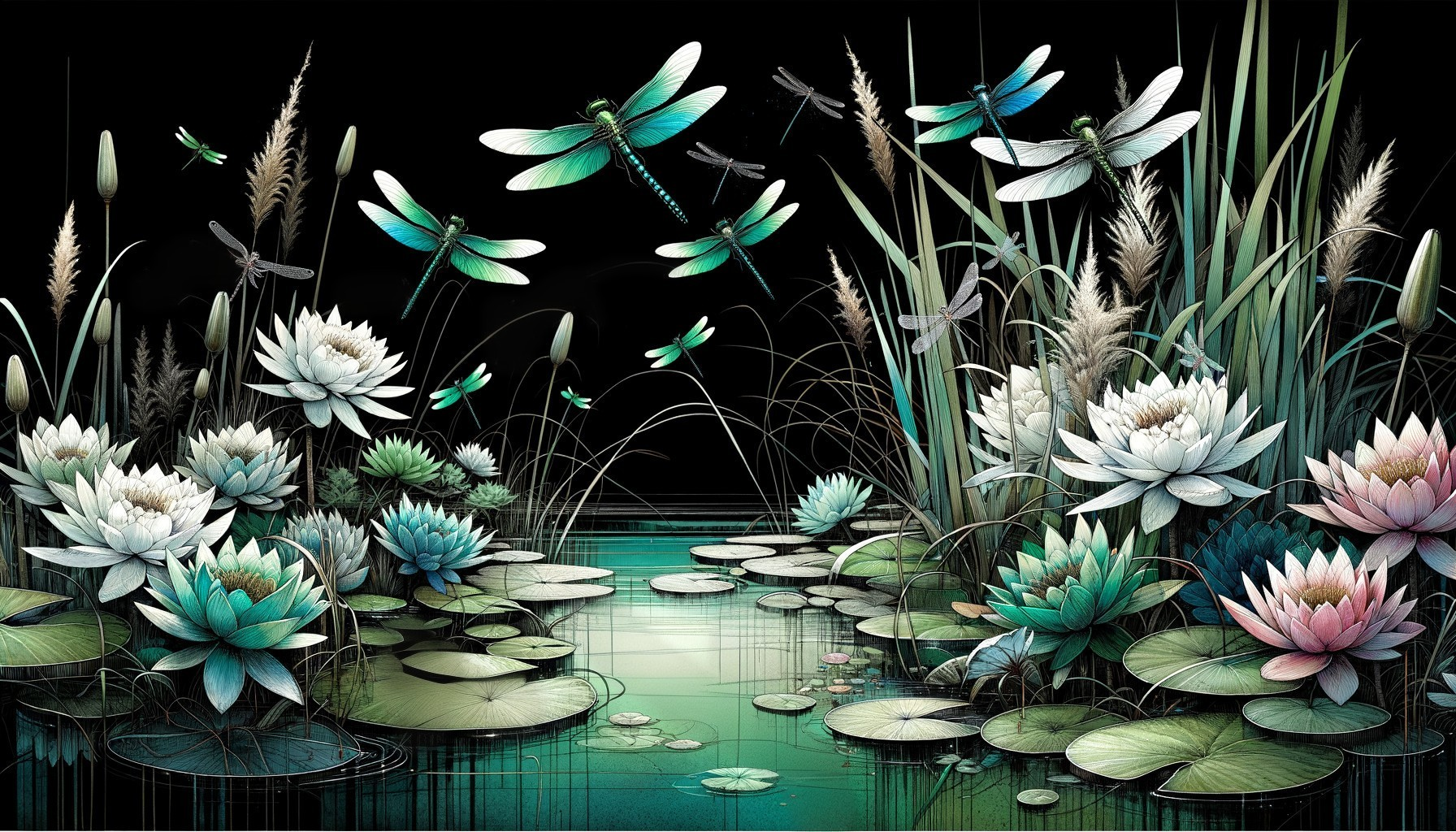 Serene Pond with Vibrant Water Lilies and Dragonflies