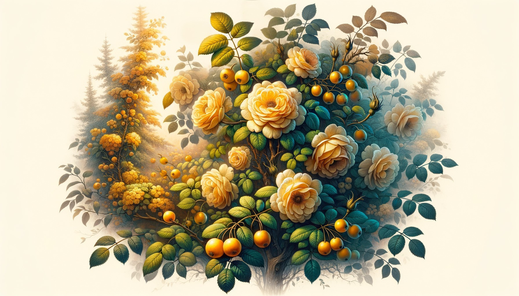 Vibrant Illustration of Golden Roses and Orange Fruits