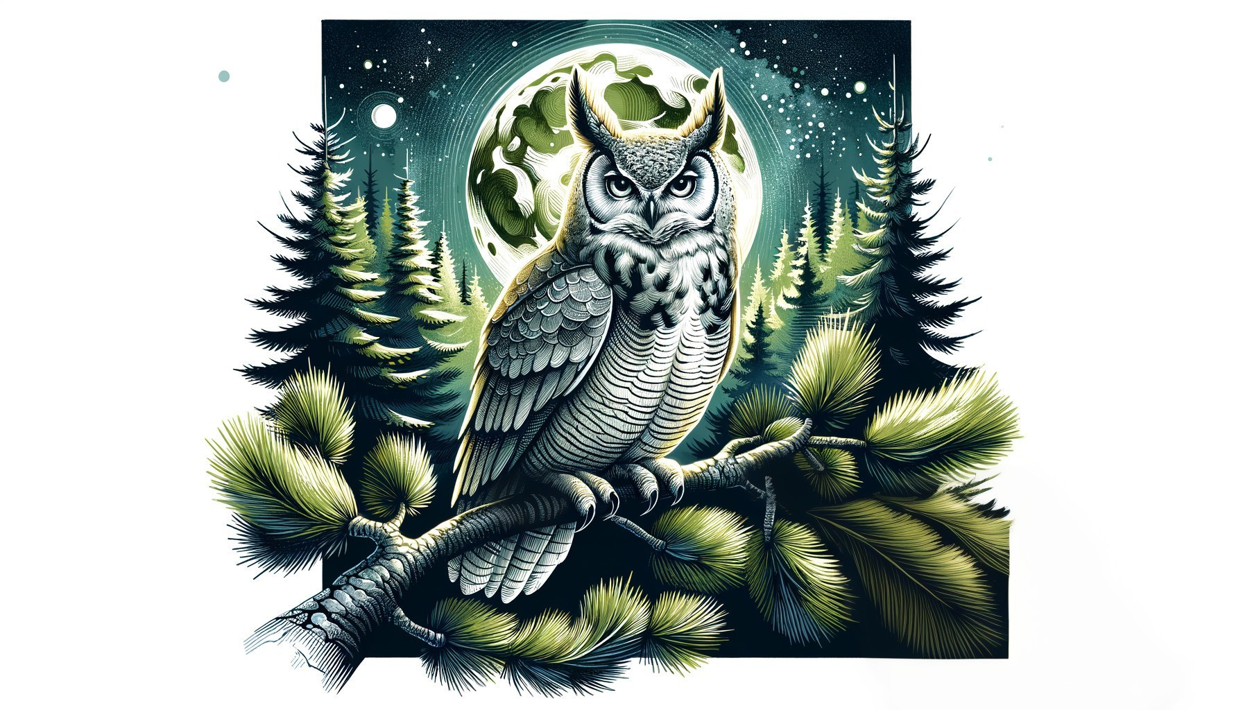 Owl Perched on Branch Under Full Moon and Conifers