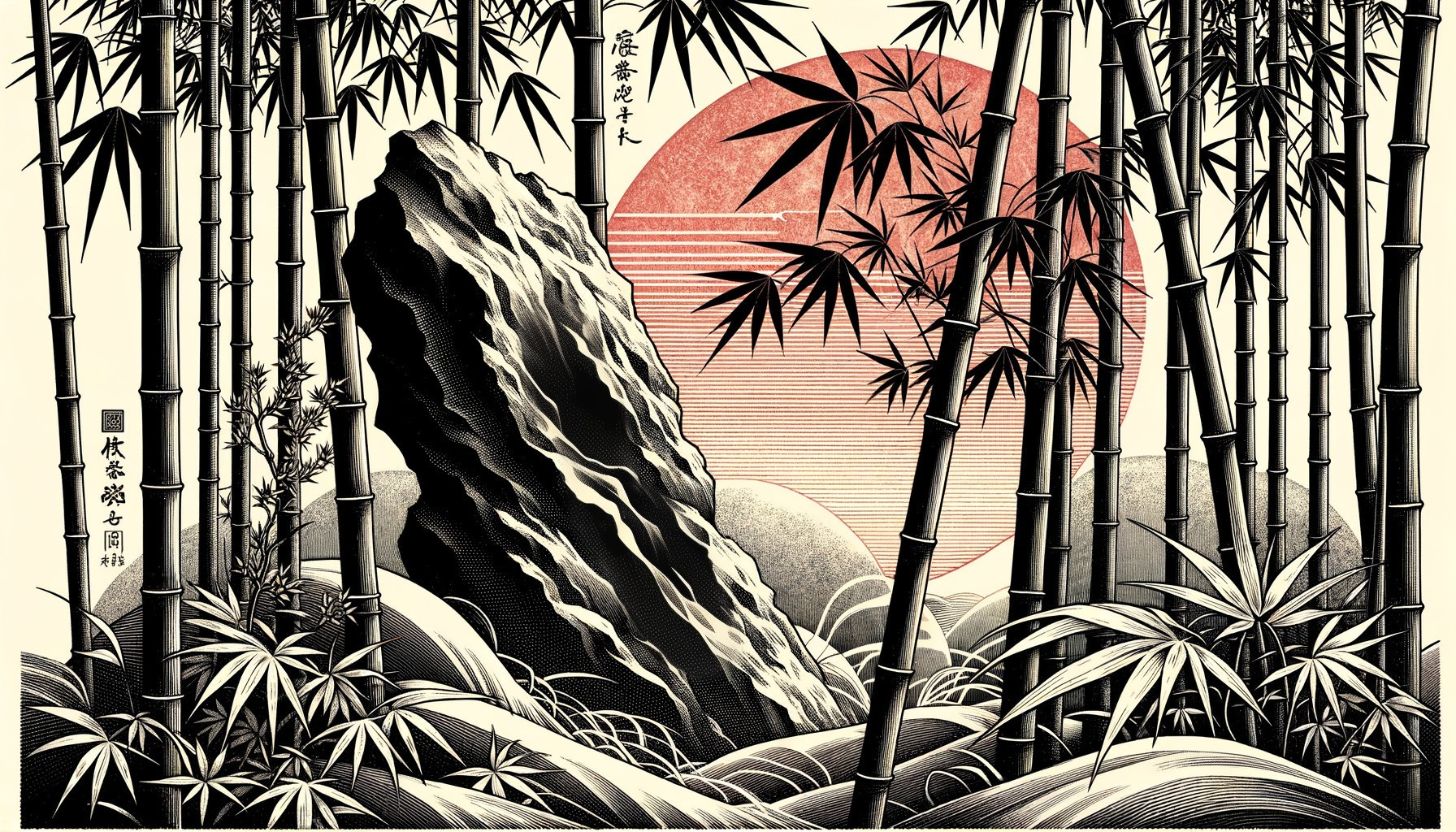 Serene Bamboo Landscape with Red Sunset and Mountains