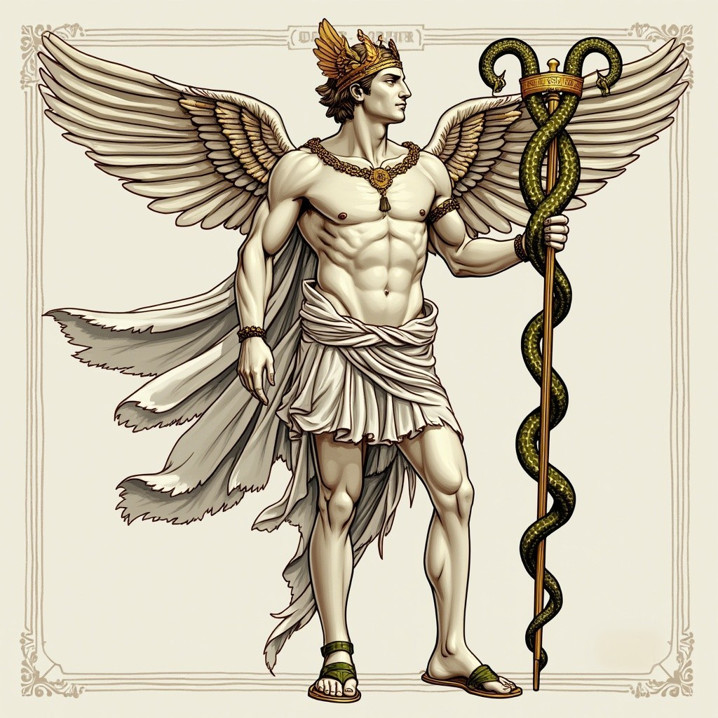 Mythical deity with wings and a serpent staff