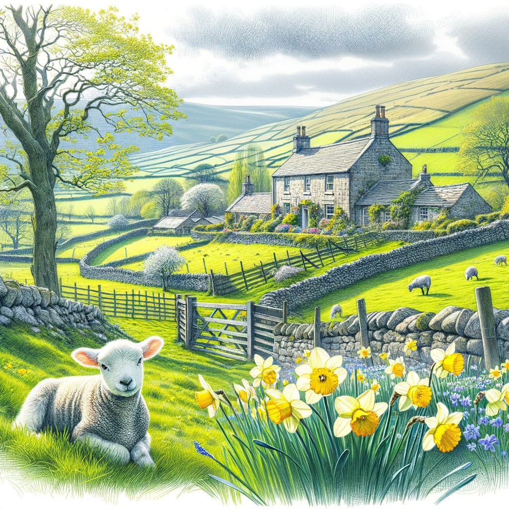 Pastoral scene with lamb, daffodils, stone houses, green hills, sheep, and