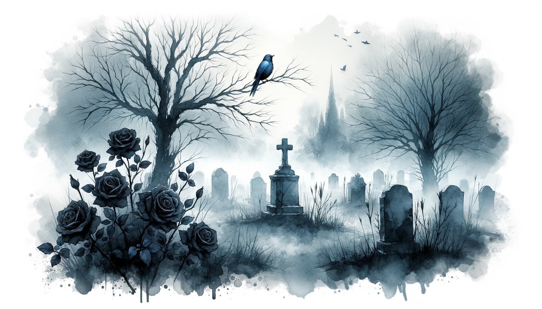 Misty Graveyard with Tombstones and Dark Roses