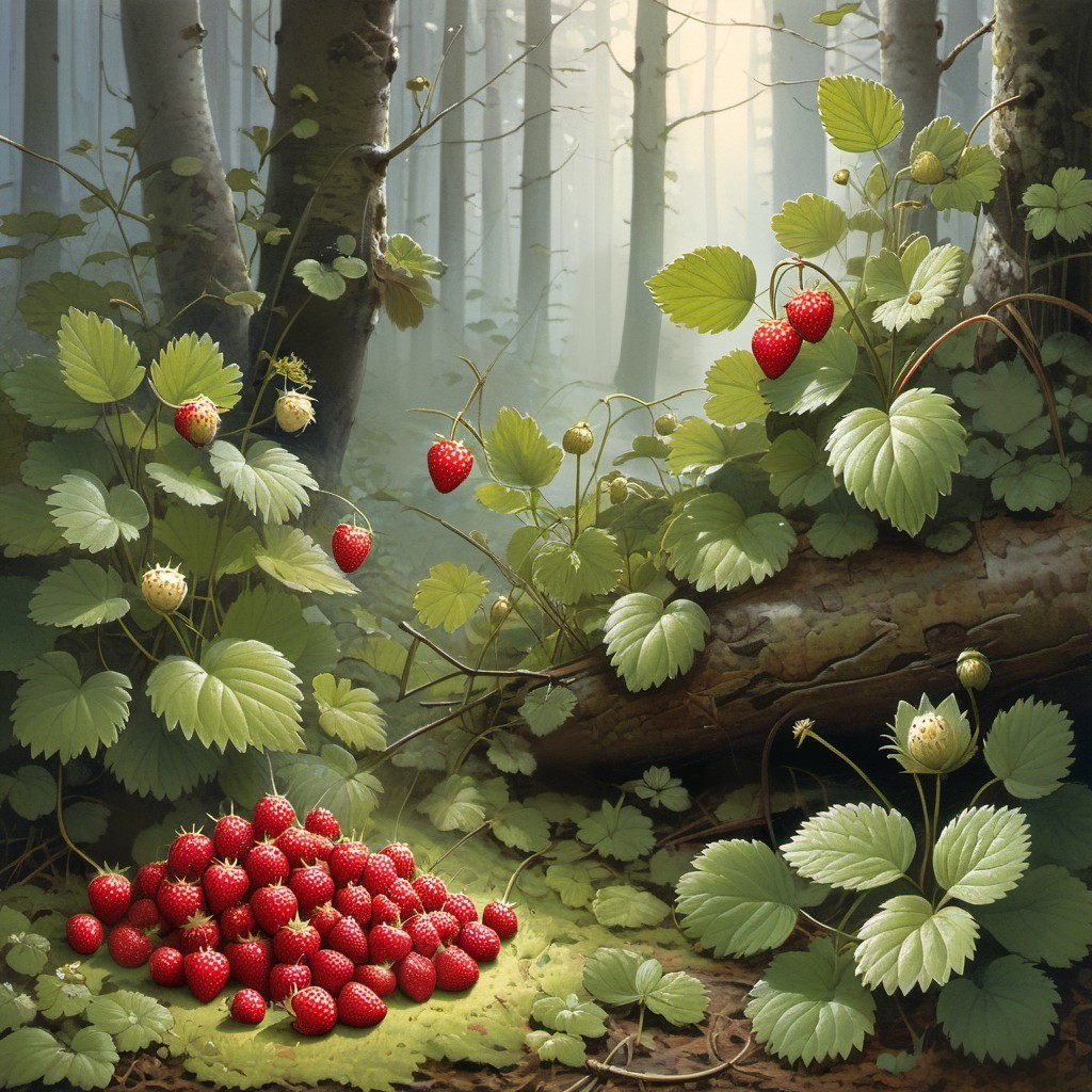 Serene Forest Scene with Ripe Strawberries and Light
