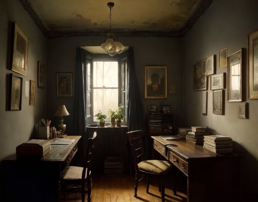 Vintage-Inspired Room with Wooden Desks and Artwork
