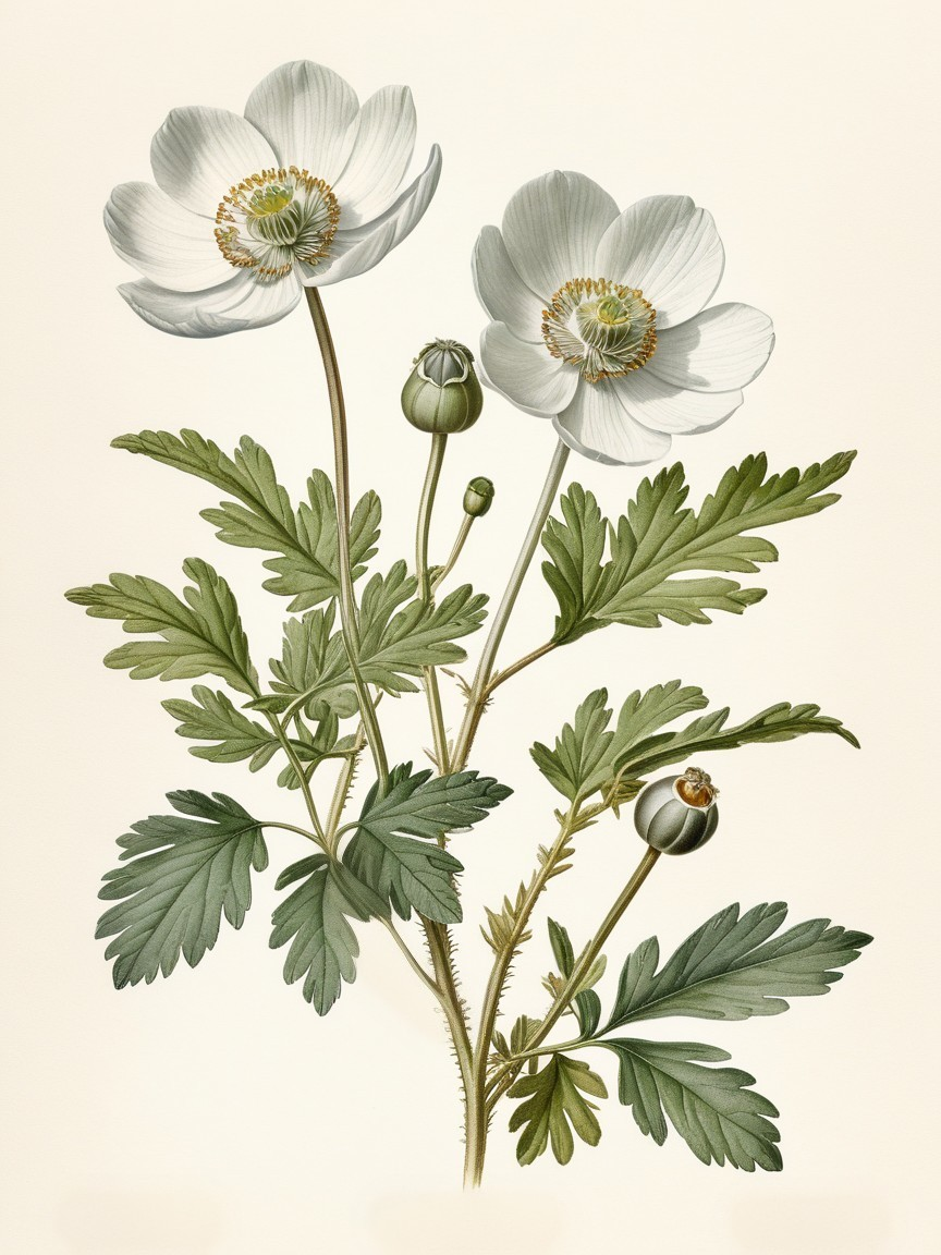 Botanical Illustration of White Flowers with Green Stems