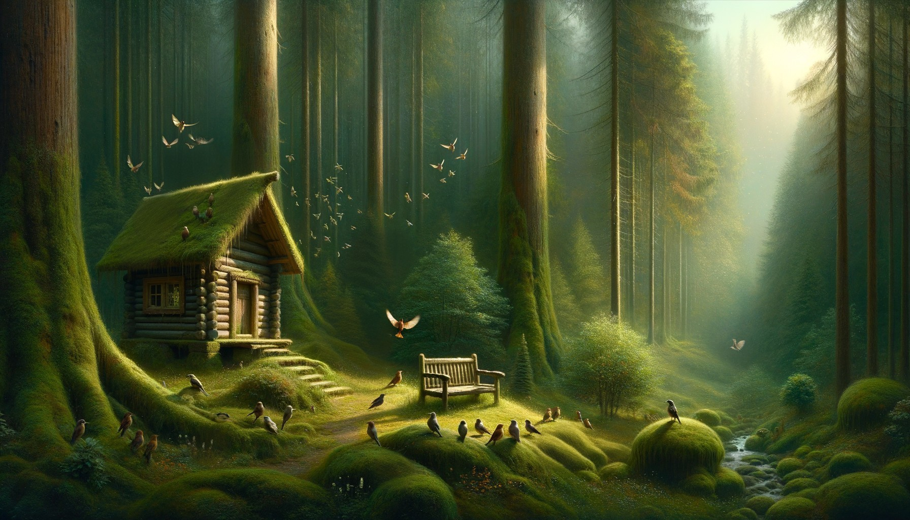 Tranquil Forest Scene with Log Cabin and Stream