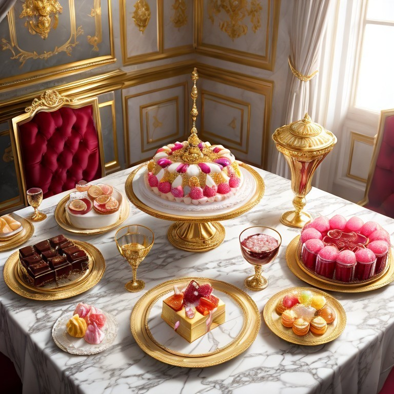 Luxurious French pastry spread on ornate table setting.