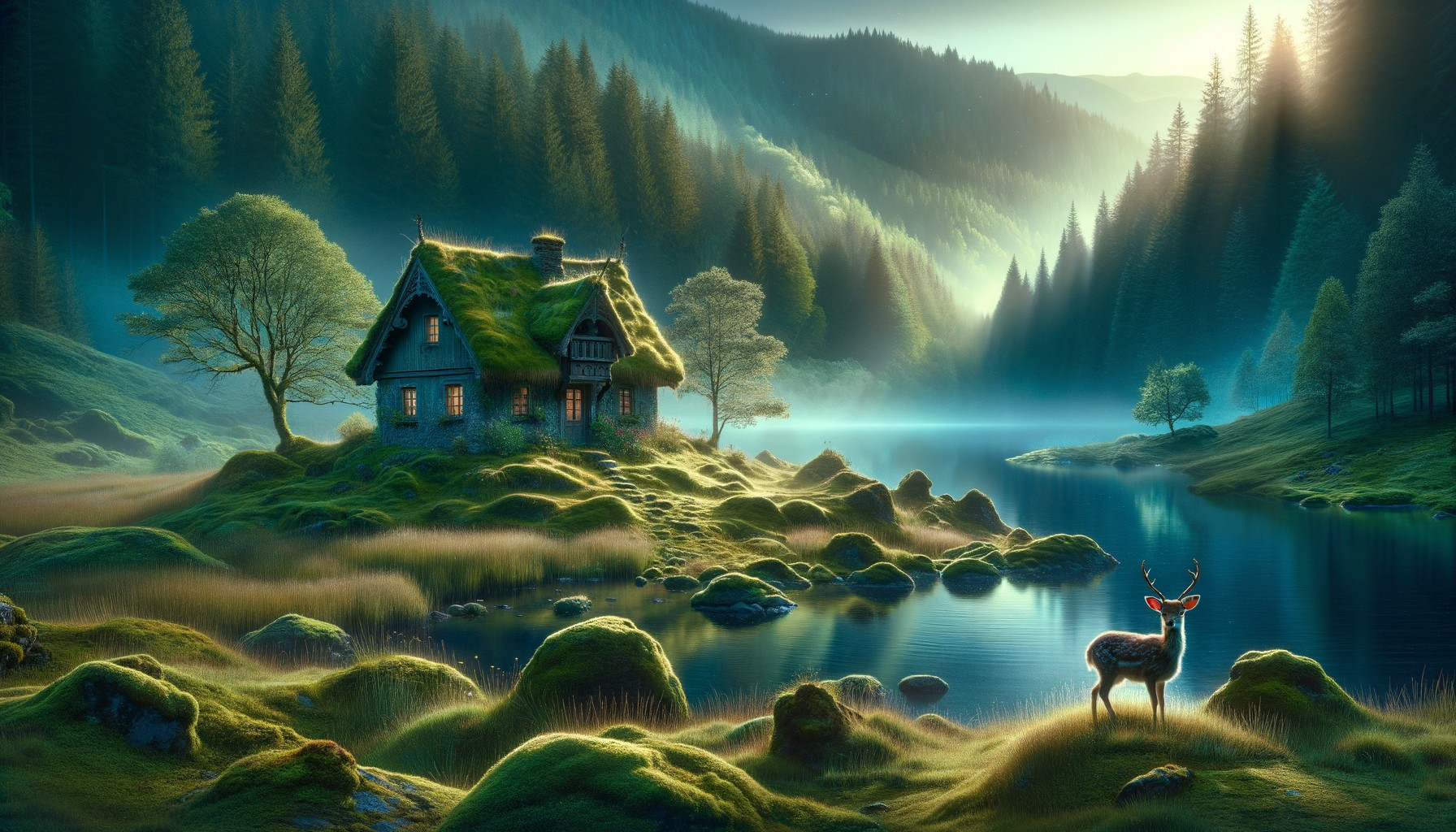 Quaint Cottage by Tranquil Lake in Serene Landscape