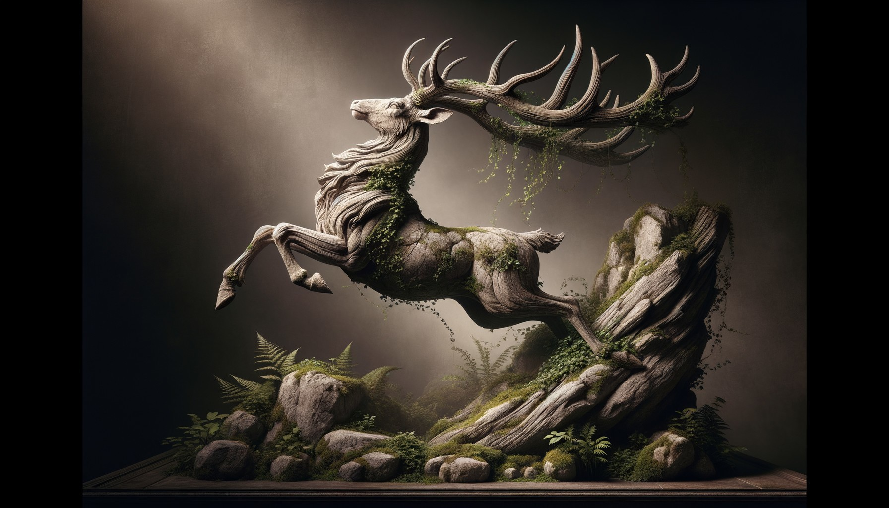 Sculpture of a stag leaping over a rocky outcrop