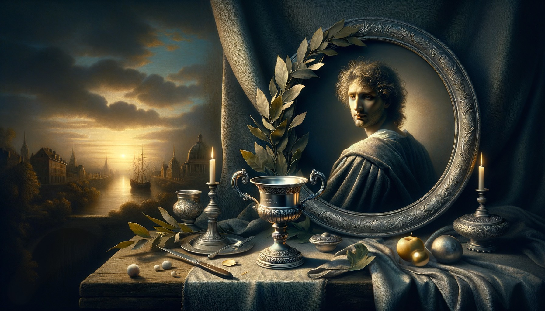 Still Life with Portrait, Silverware, and Fruits