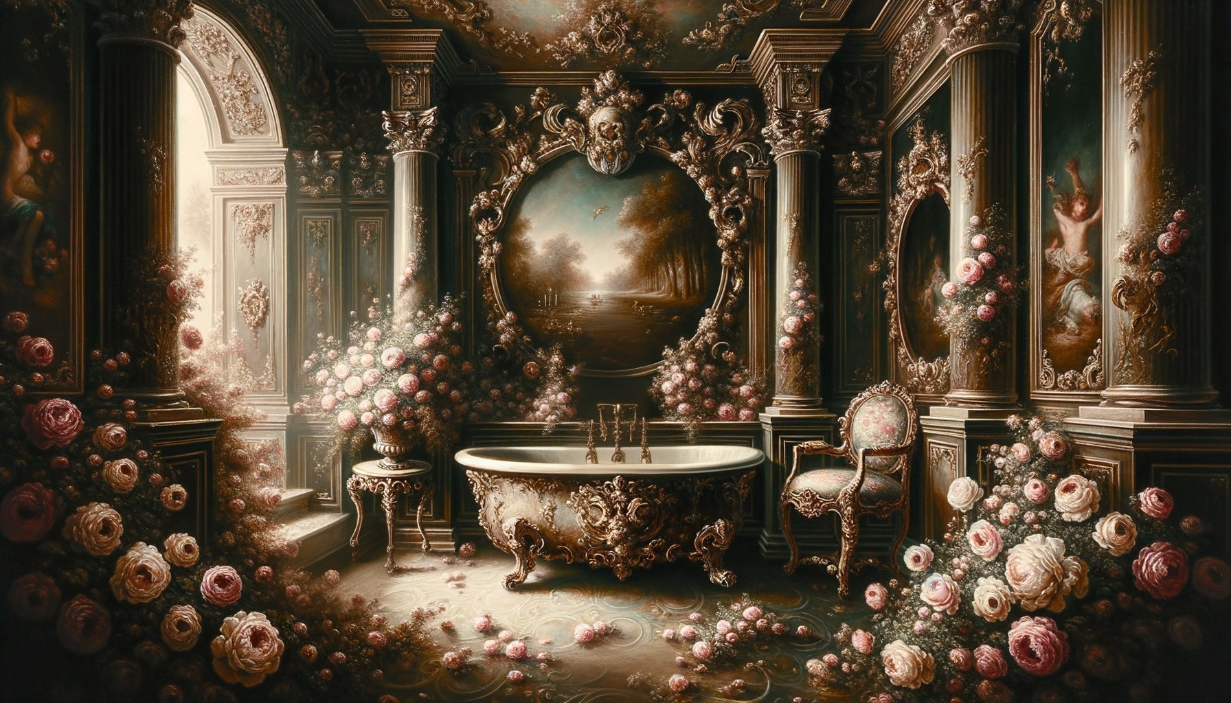 Opulent Baroque Bathroom with Clawfoot Tub and Flowers