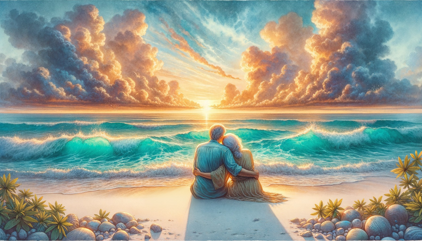 Elderly Couple Watching Sunset on Serene Beach