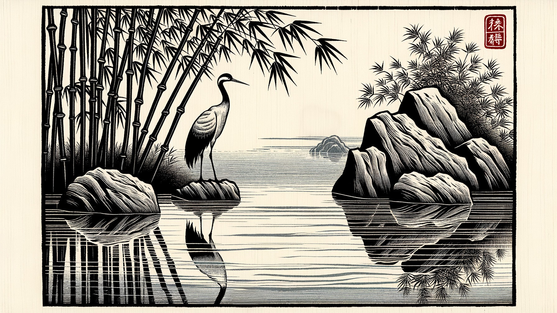 Serene Landscape with Heron and Tranquil Waters