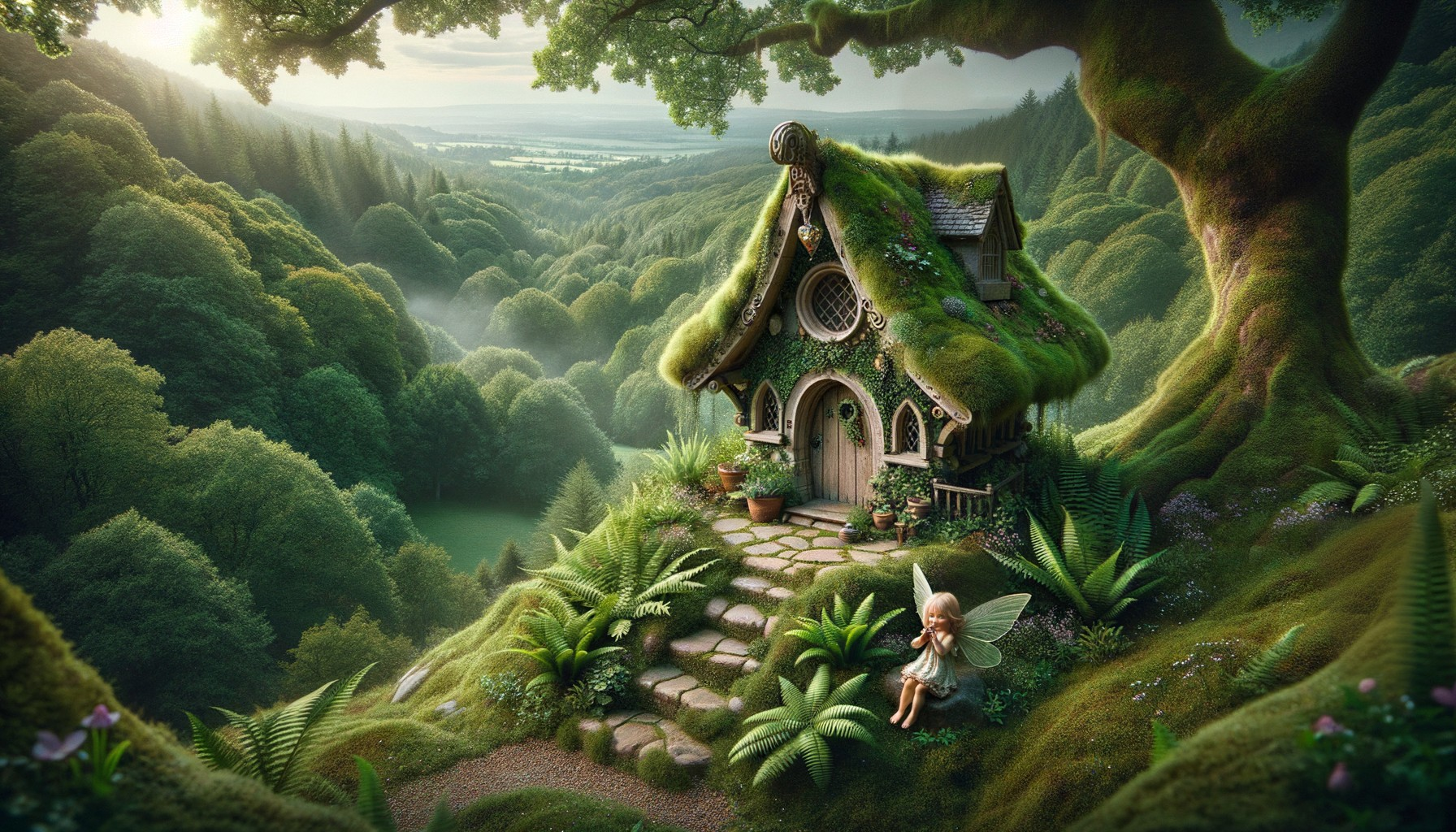 Whimsical Cottage in Lush Green Hills with Fairy