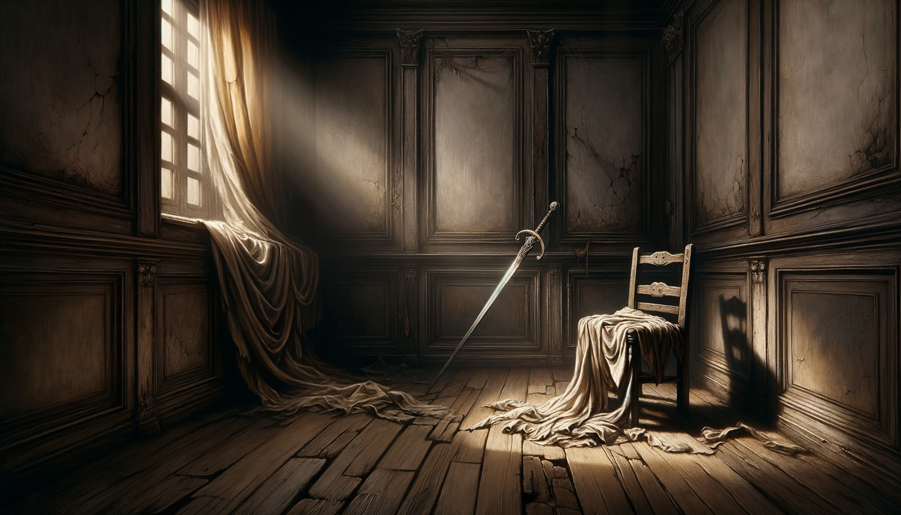 Decrepit Room with Wooden Walls and Gleaming Sword