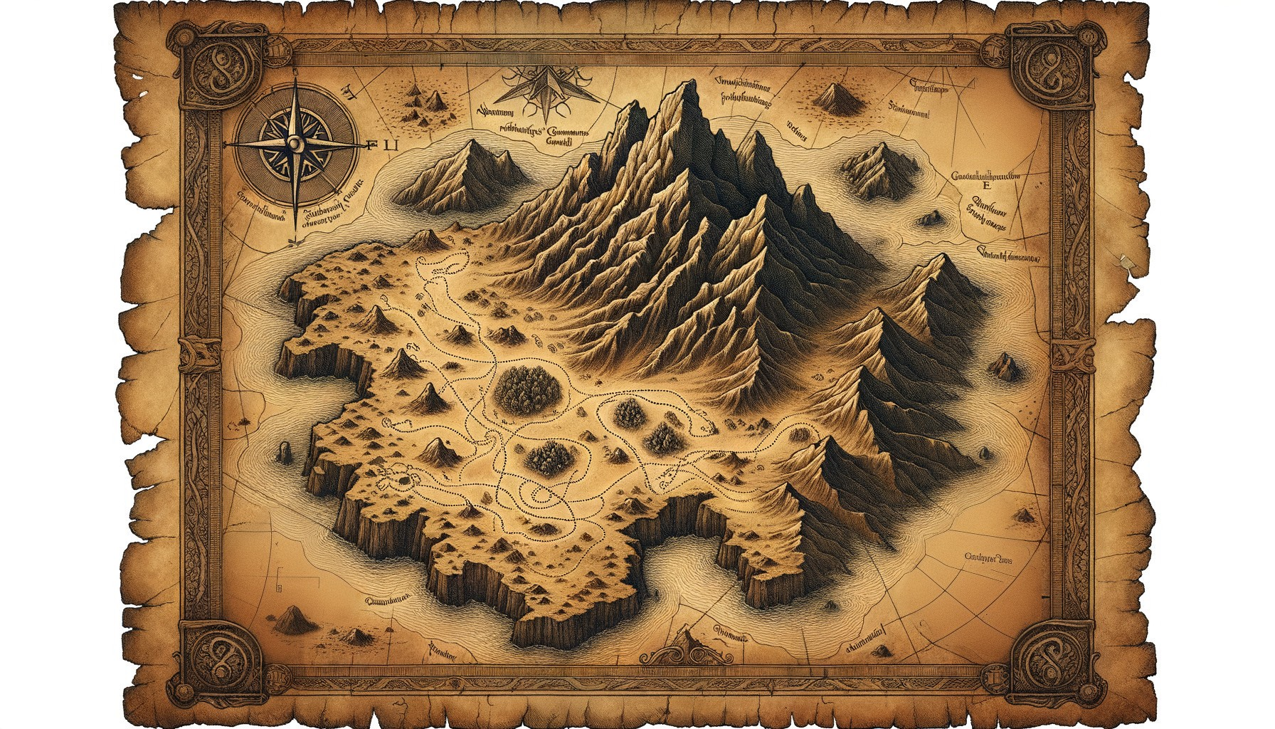 Antique-style map with mountains, valleys, and lakes