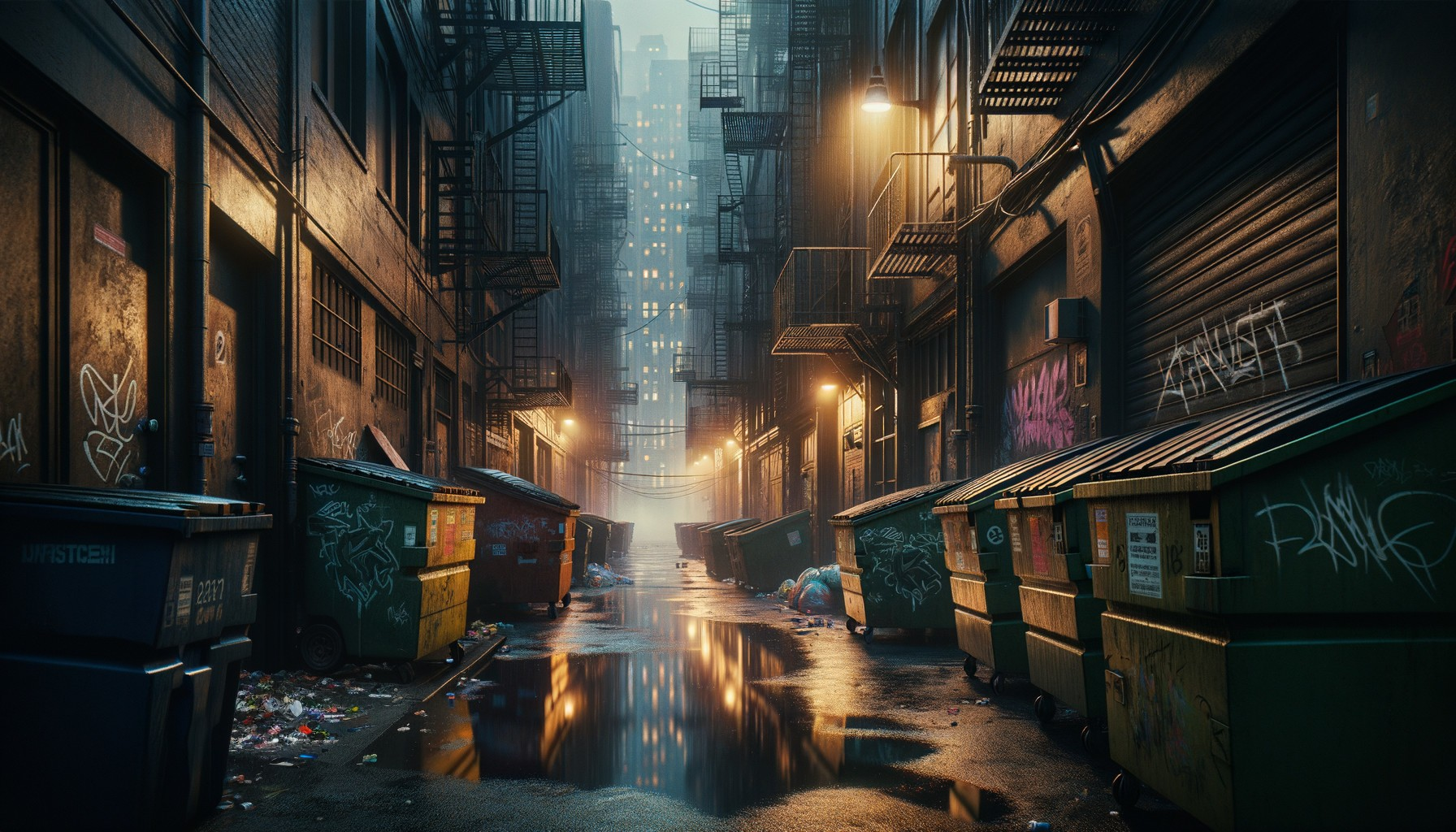 Dimly Lit Urban Alleyway with Graffiti and Fog