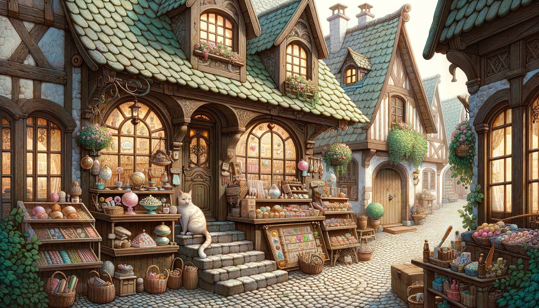 Charming Cobblestone Street with Whimsical Shops